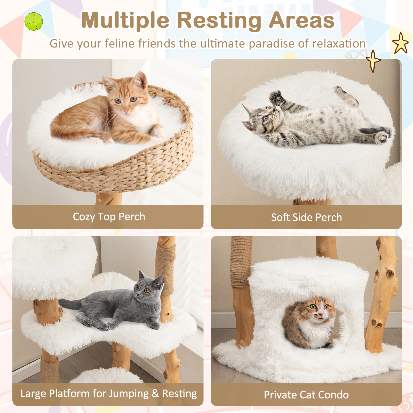 SUGIFT 49 in Solid Wood Cat Tower White with Cattail Basket Bed and Jute Posts