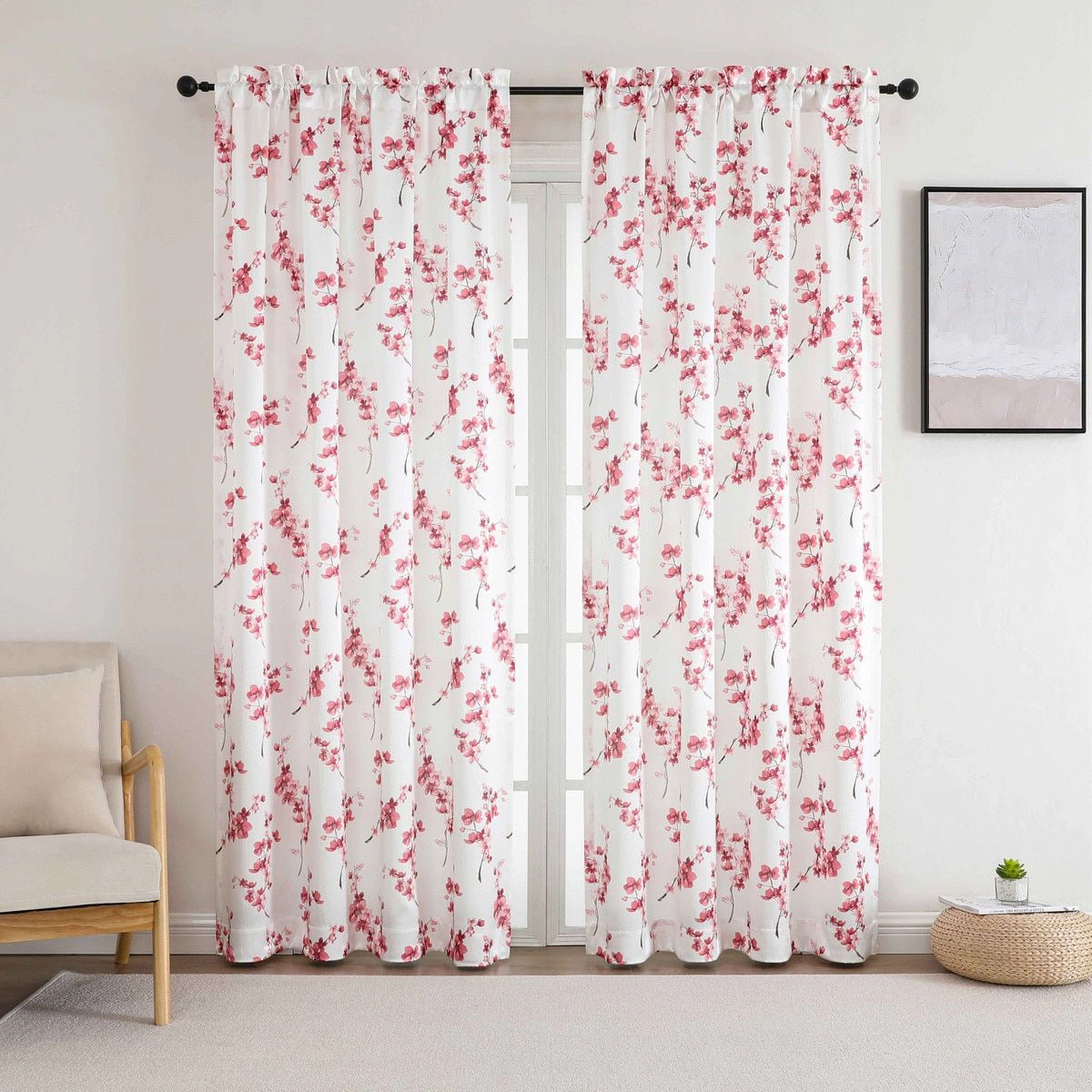 Kate Aurora 1 Piece Printed Cherry Blossom Rod Pocket Window Curtain Panel