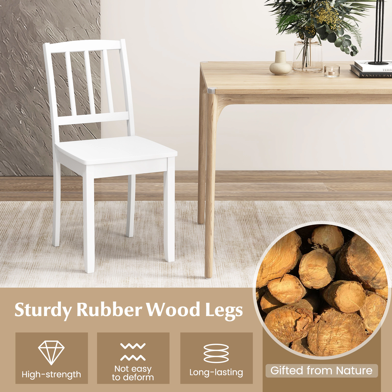 SUGIFT White Wood Ladder Back Farmhouse Rubber Wood Legs Set of 2 Dining Side Chairs