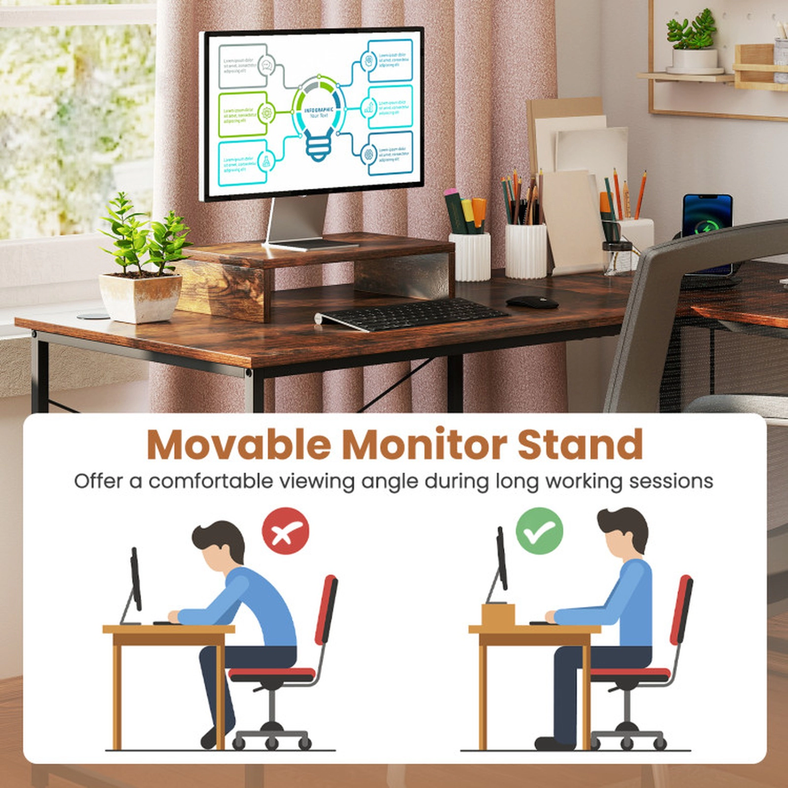SUGIFT 95-in 2-Person Reversible L-Shaped Computer Desk with Monitor Stand 253-lb Overall Capacity Rustic Brown