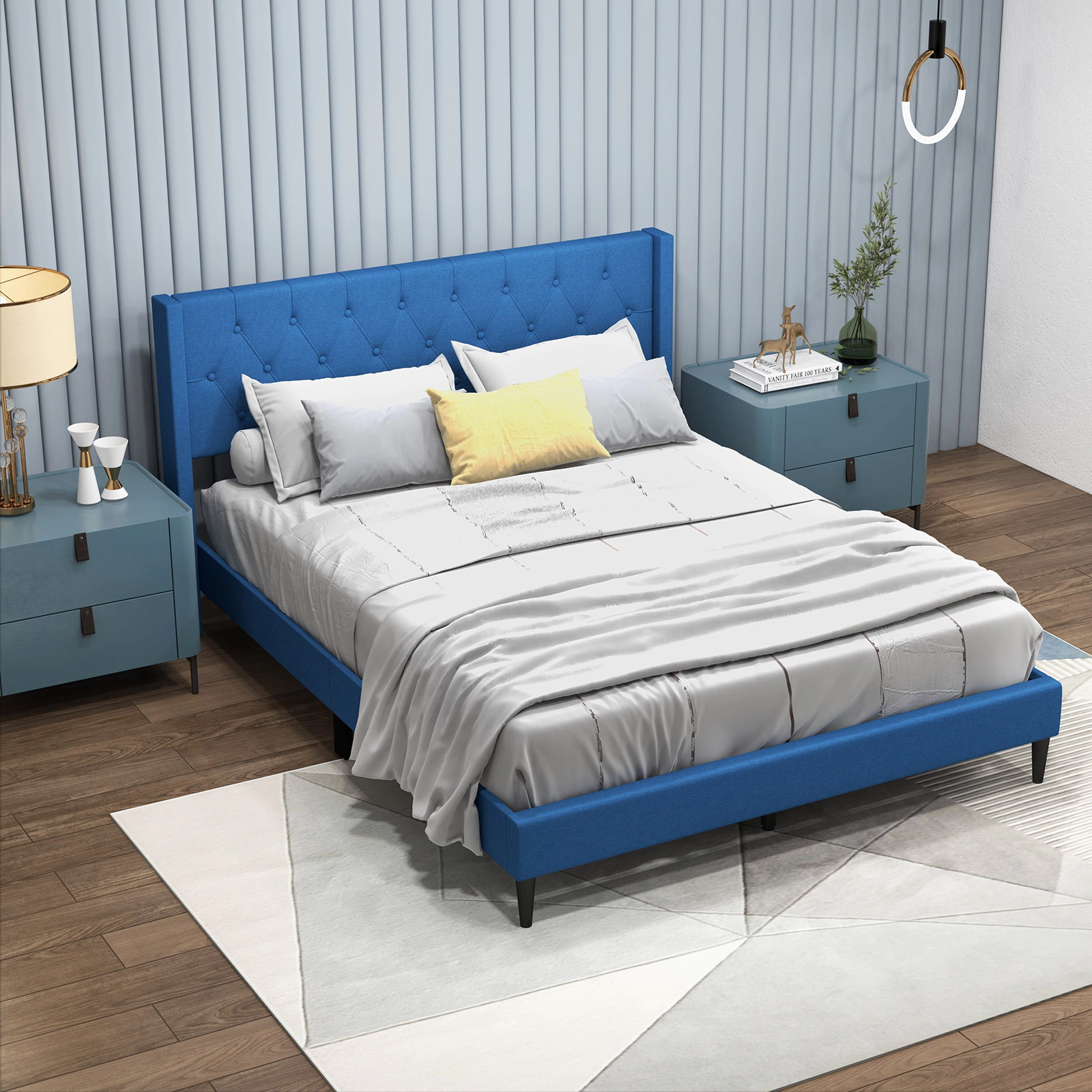 SUGIFT Button Tufted Wingback Upholstered Queen Platform Bed Frame 550-lb Capacity 81-in Long 12-in Footboard Blue Gray