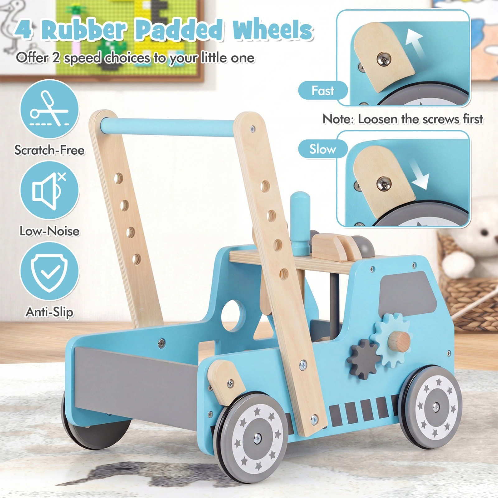 2-in-1 Wooden Kids Tool Bench with Truck Shaped Push Walker 2 Speed Settings and Bottom Toy Storage Blue Workbench