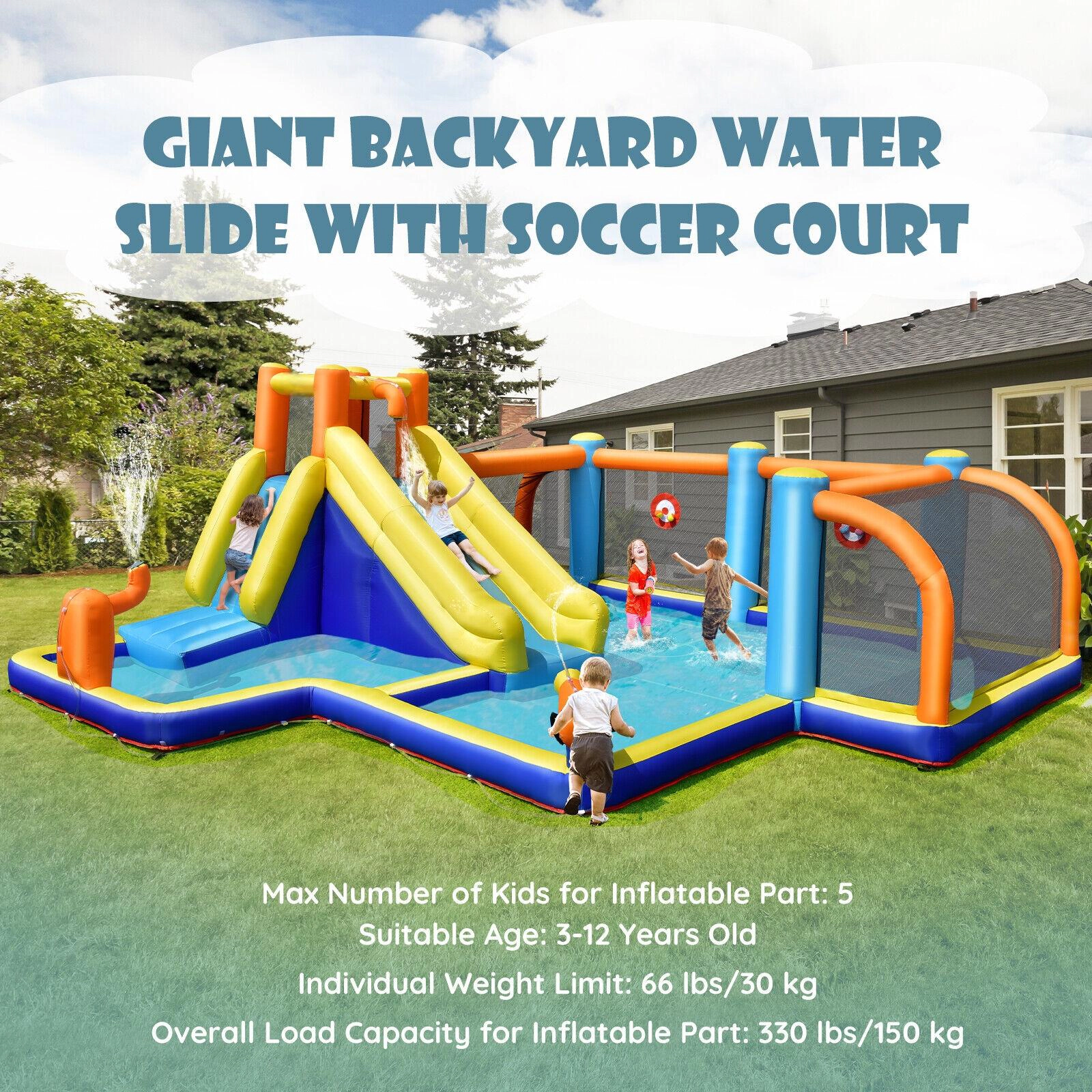 SUGIFT Giant Soccer Themed 735W Blower and Splash Pool Kids Inflatable Water Slide
