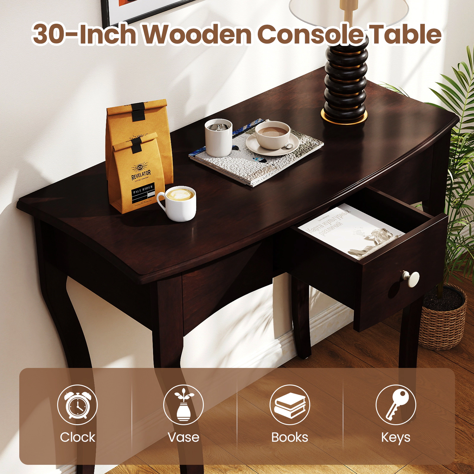 SUGIFT 34-in Console Table with Drawer and Solid Wood Frame 180-lb Tabletop Capacity Overall 220-lb Capacity Espresso