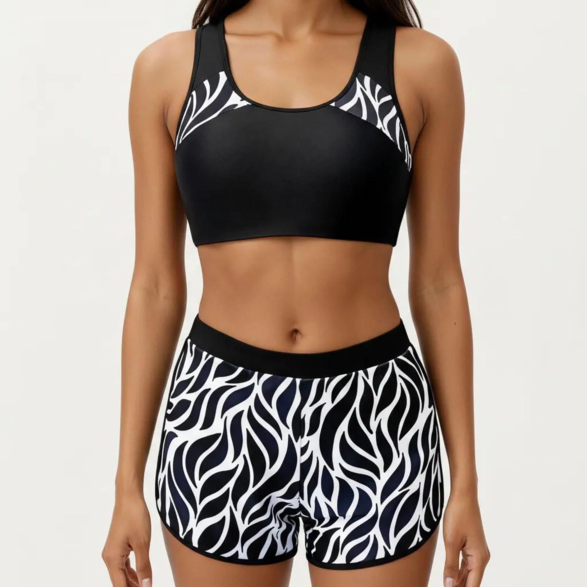 Anna-Kaci Sport Bikini Set - Scoop Neck Crop Top and Swim Shorts