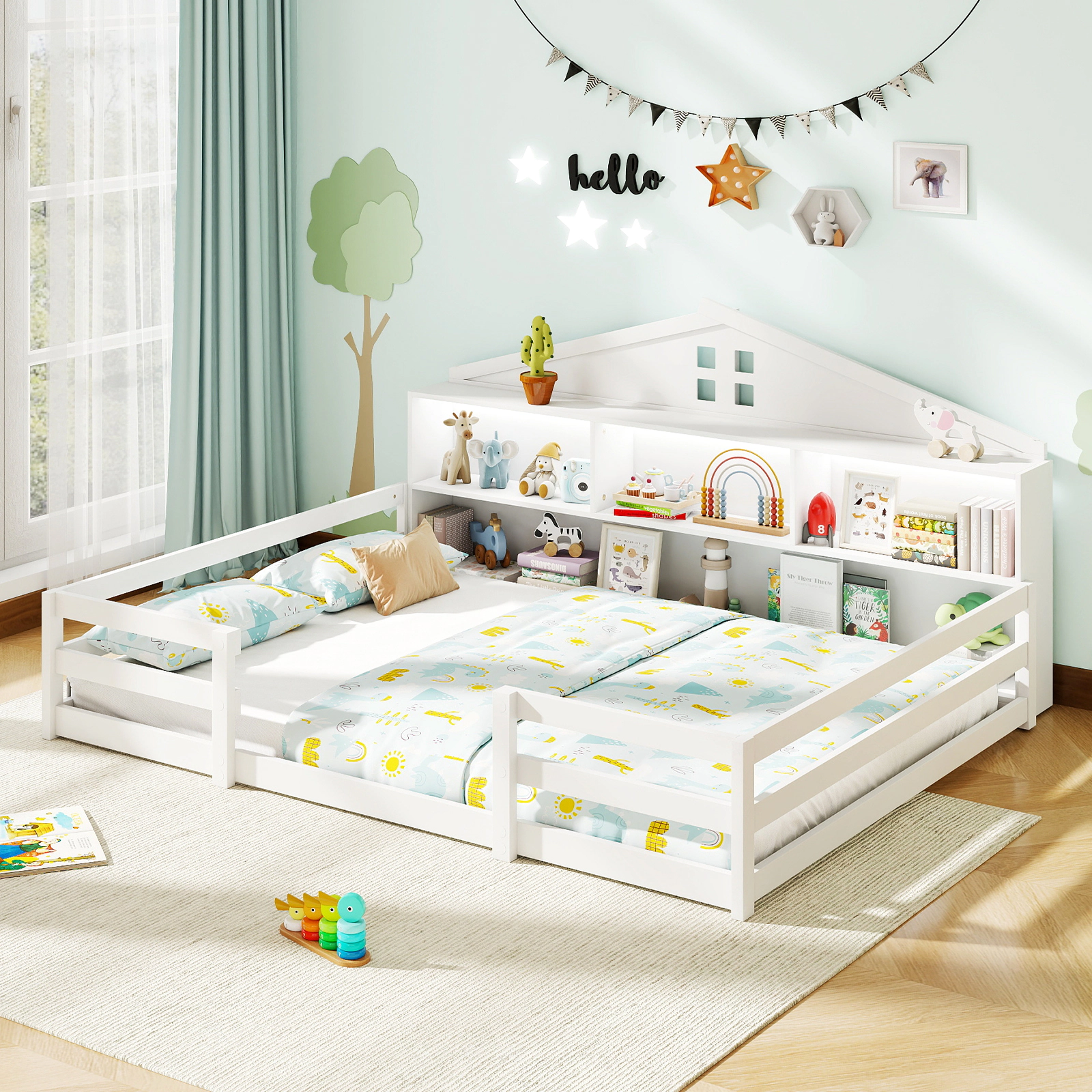 SUGIFT 2-in-1 Montessori Full Floor Bed with Storage Compartments 50-lb Compartment Capacity White/Gray/Natural