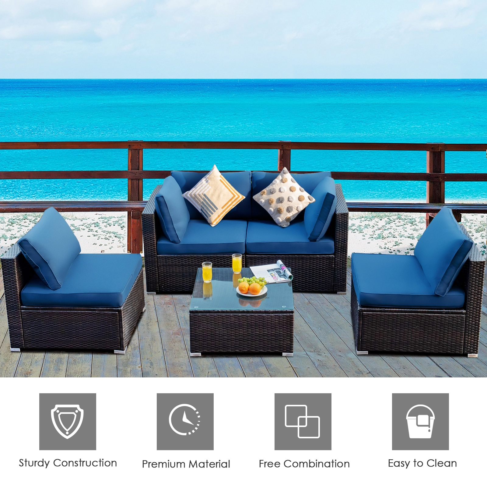 SUGIFT 5 Piece Cushioned Patio Rattan Furniture Set with Tempered Glass Table
