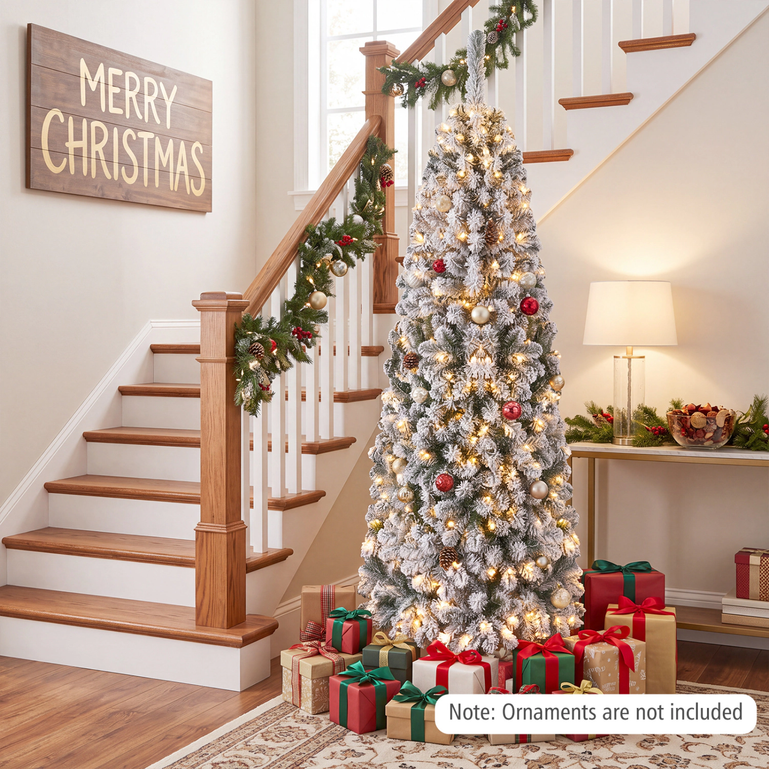 LJG Feet Pre-Lit Snow Flocked Artificial Pencil Christmas Tree with LED Lights