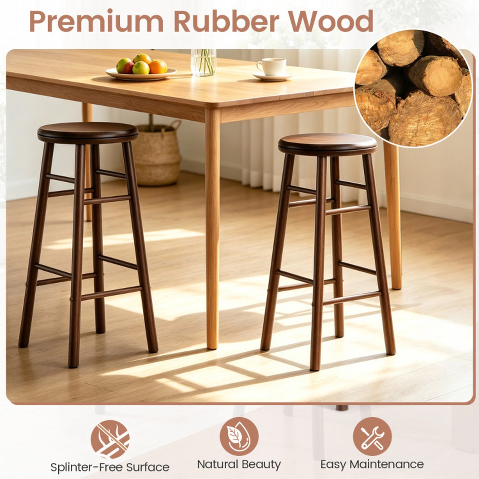 SUGIFT Set of 2 29-in Walnut Rubber Wood Swivel Bar Stools with Footrests