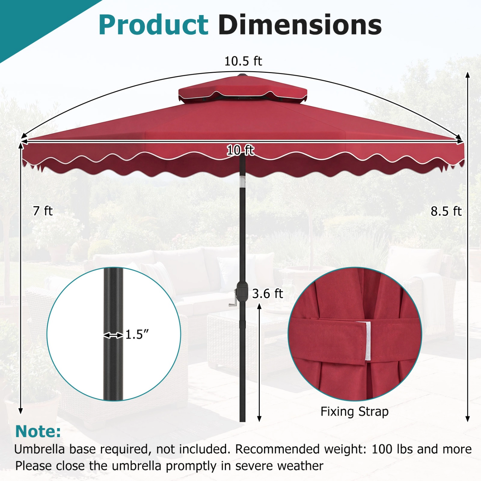 SUGIFT Wine 10 ft Patio Umbrella with Push Button Tilt Crank and 2-Tier Vented Top