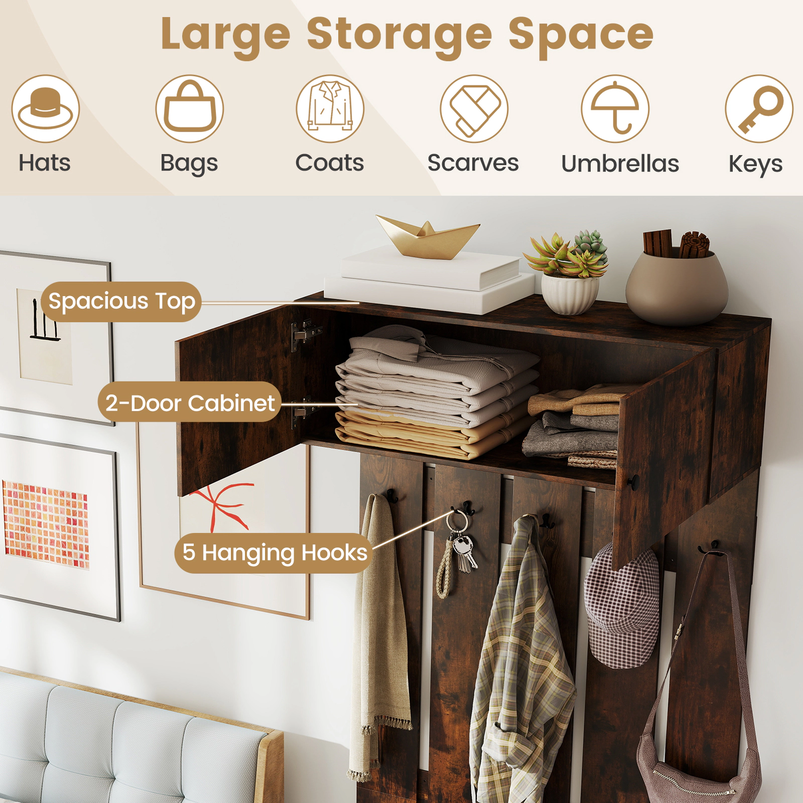 SUGIFT Entryway Wall Mounted Coat Rack with Upper Cabinet and 5 Metal Hooks
