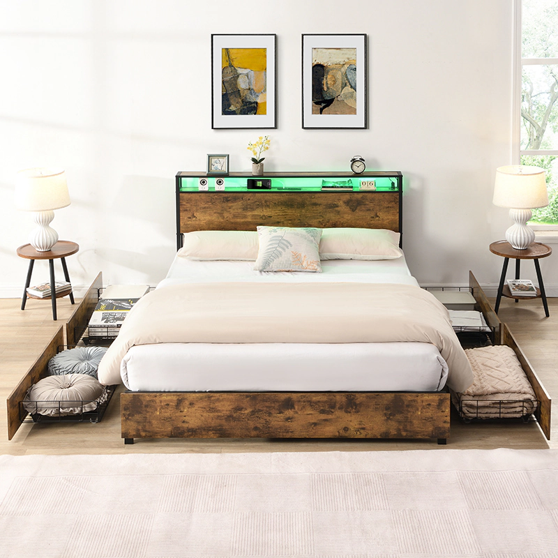 Flynama Full Bed Frame with Storage Headboard & Charging Station, Noise Free, Easy Assembly