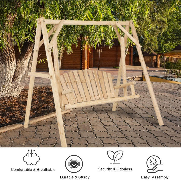 Hivvago Outdoor Wooden Porch Bench Swing Chair With Rustic Curved Back