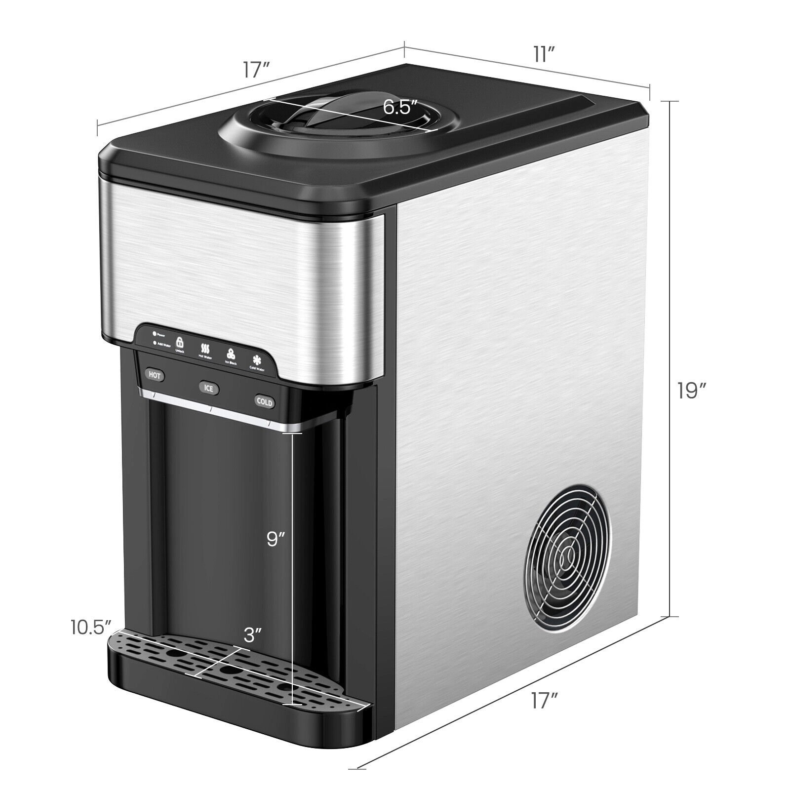 SUGIFT Silver 3-in-1 Hot and Cold Water Cooler Dispenser with Built-In Ice Maker and Child Lock