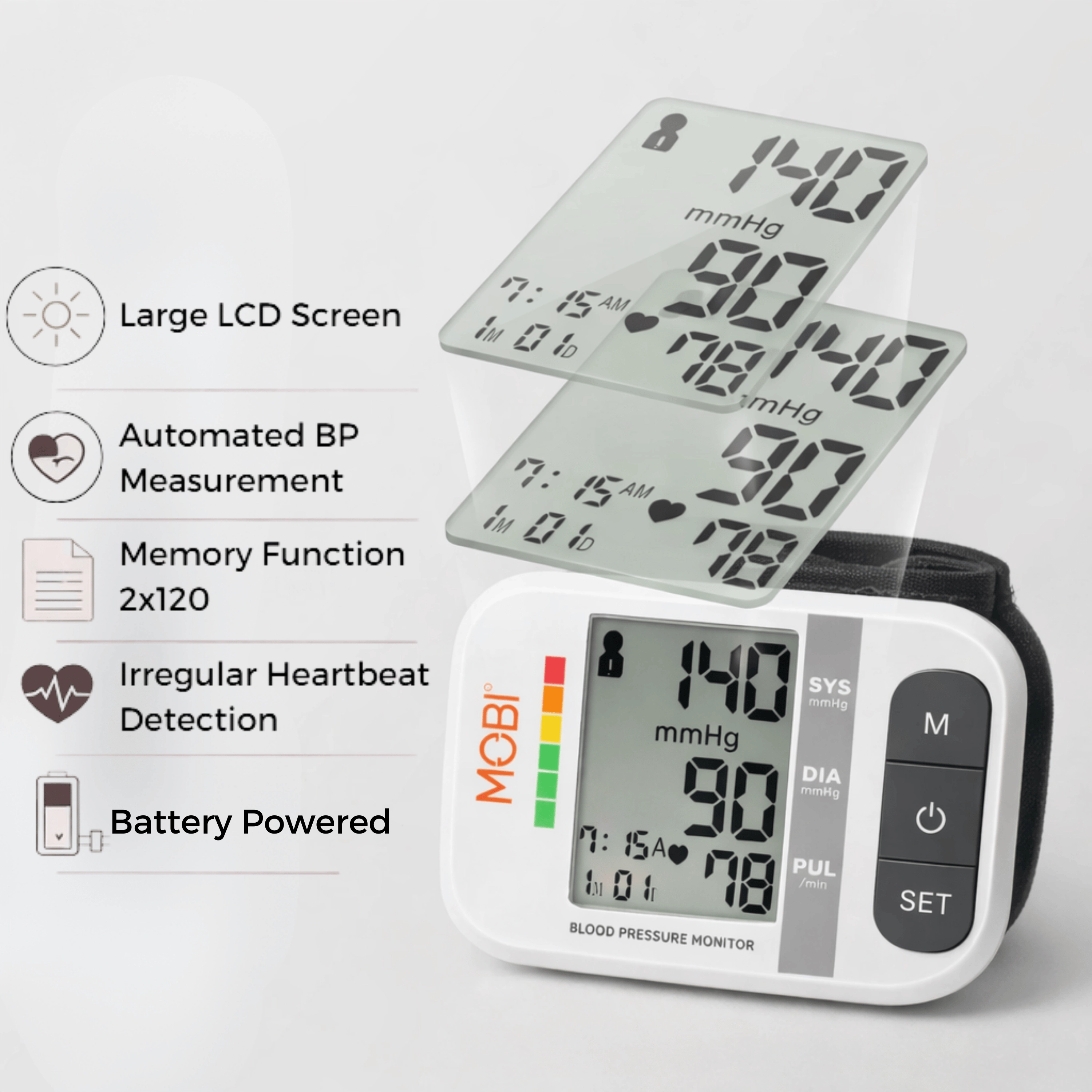 MOBI Wrist Blood Pressure Monitor with Large LCD & Auto Memory
