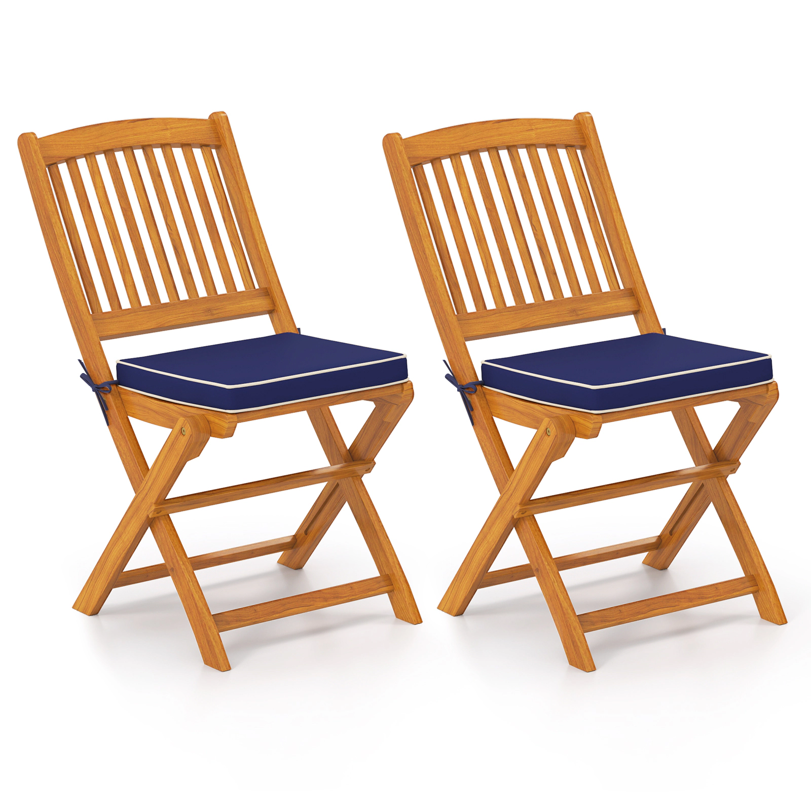 SUGIFT Set of 2 Navy Acacia Wood Folding Patio Dining Chairs with Seat Cushions and Slat Back 18.5-in W 33.5-in H