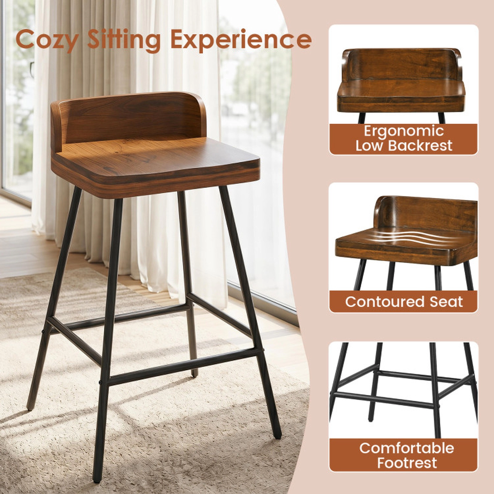 SUGIFT 24-Inch Counter Height Bar Stool, Walnut Rubber Wood Seat, Low Back, Black Metal Frame and Footrest