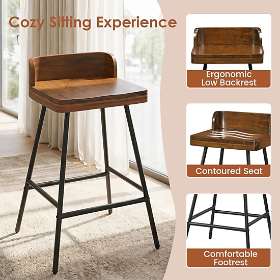 SUGIFT 24-Inch Counter Height Bar Stool, Walnut Rubber Wood Seat, Low Back, Black Metal Frame and Footrest