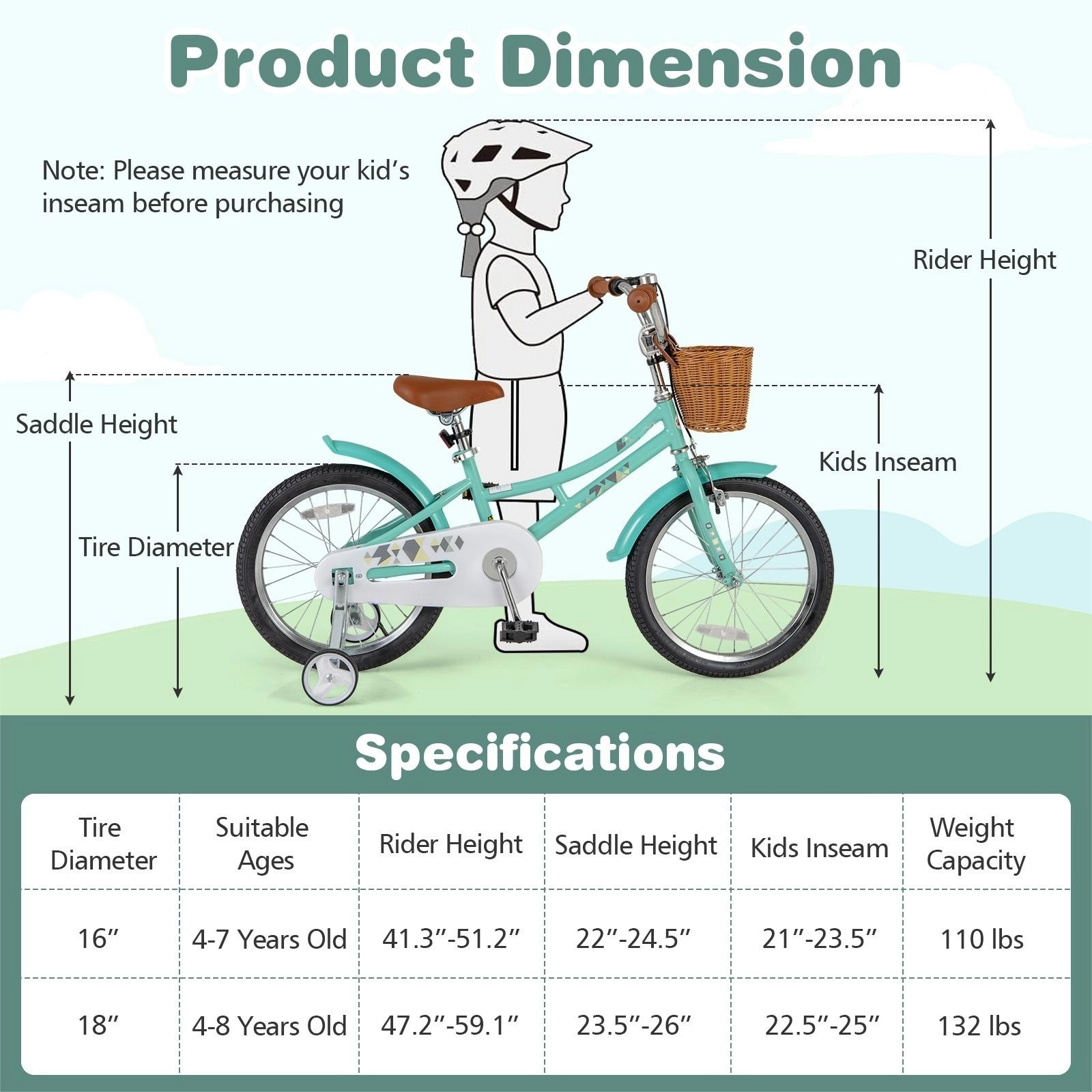 SUGIFT Green Training Wheels Storage Basket Kickstand and 2 Brake System Kids 18 Inch Bike