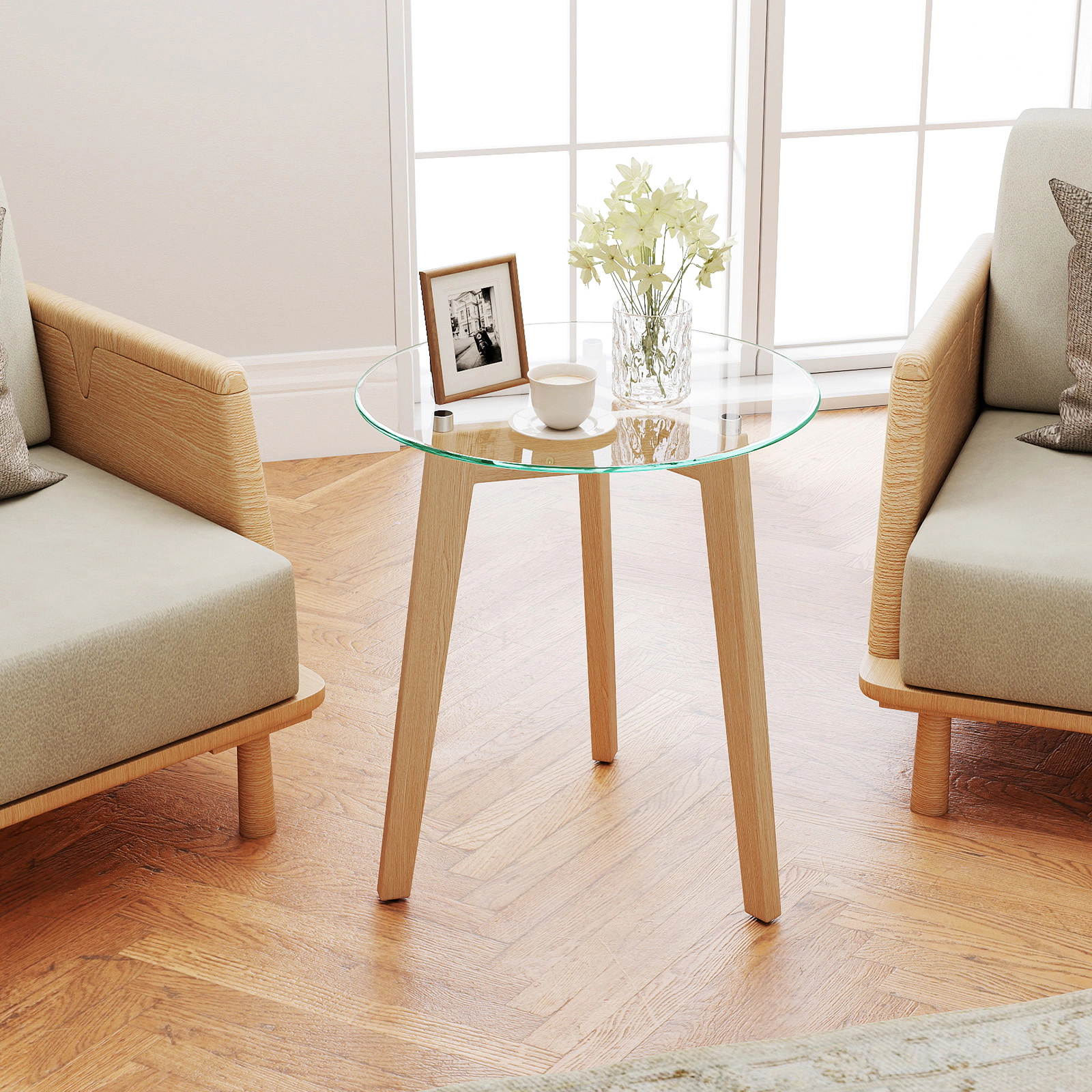 Glintex 2-Piece Round Tempered Glass End Table Set with Rubber Wood Legs, Transparent
