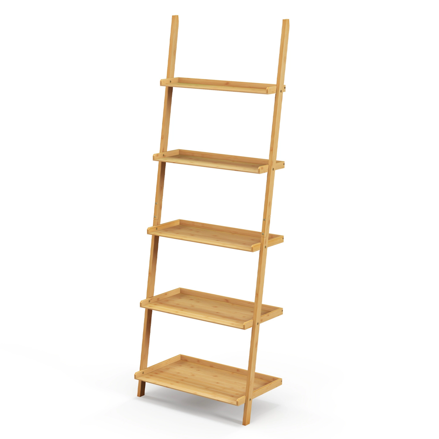 LJG 5-Tier Ladder Shelf Bamboo Bookshelf Wall-Leaning Storage Display Plant Stand