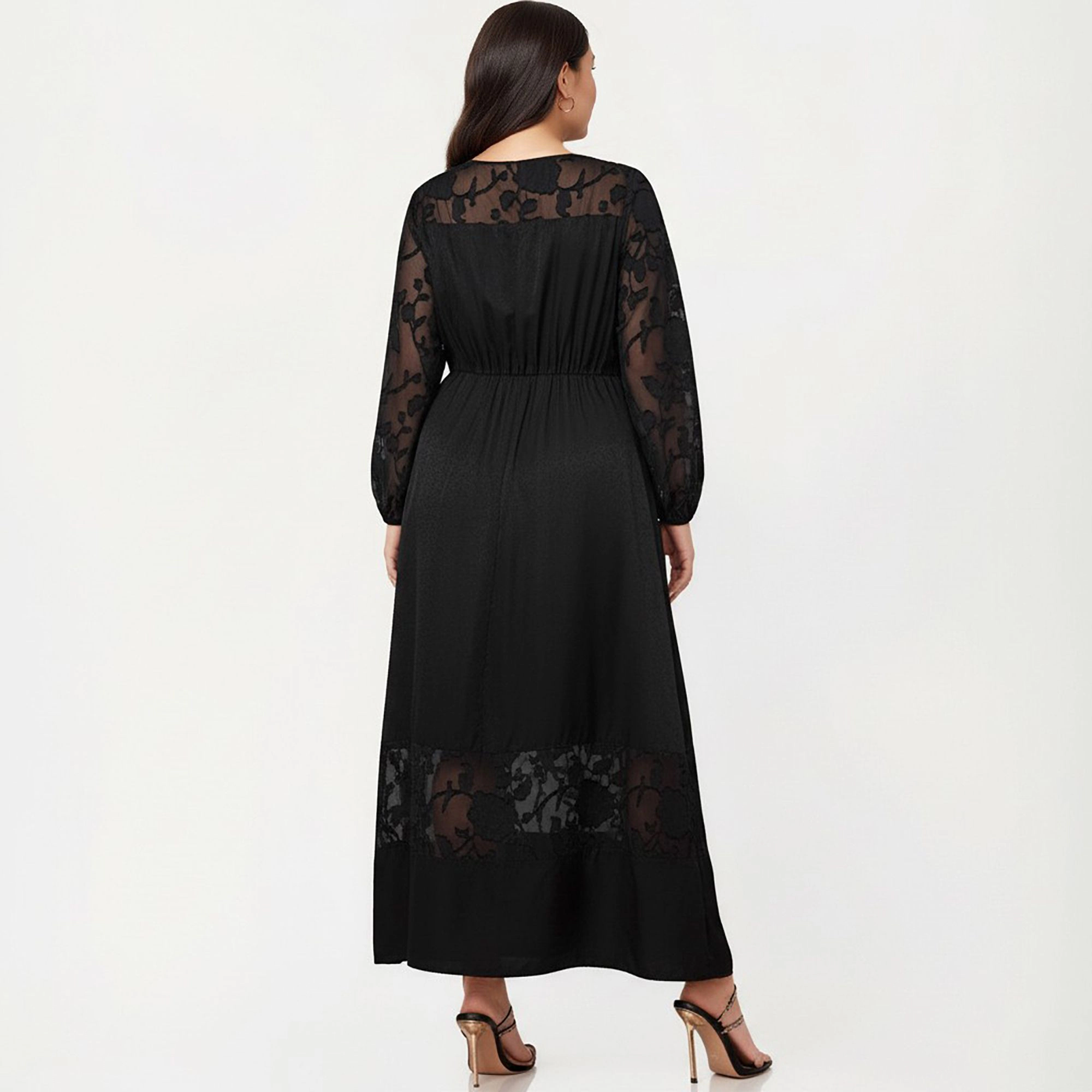 Anna-Kaci Women's Plus Long Sleeve Sheer Lace Sleeves Elastic Waist Hem Panel Maxi Dress