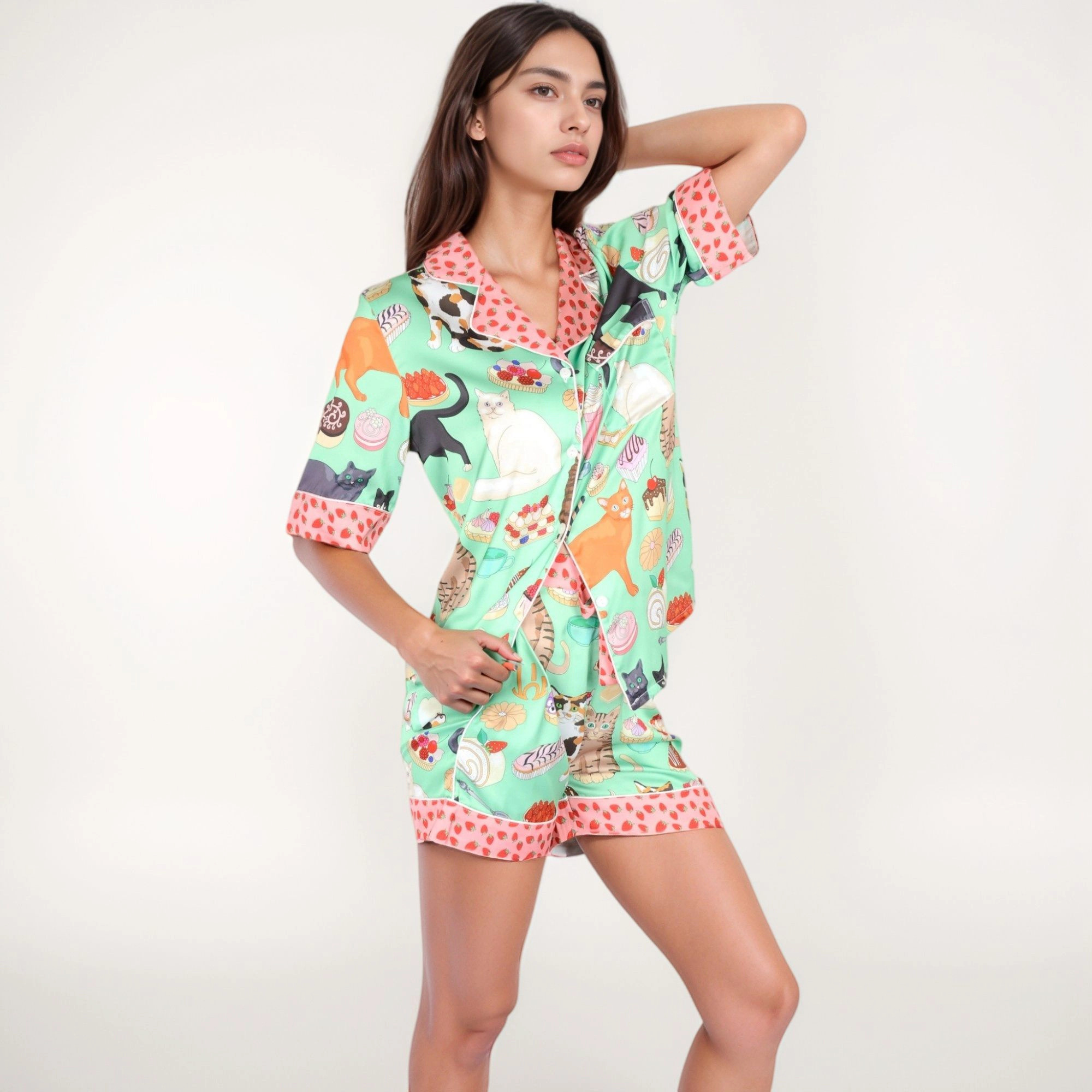 Anna-Kaci Women's Cat and Dessert Print Pajama Set with Short Sleeve Button Up Top and Strawberry Trim Shorts