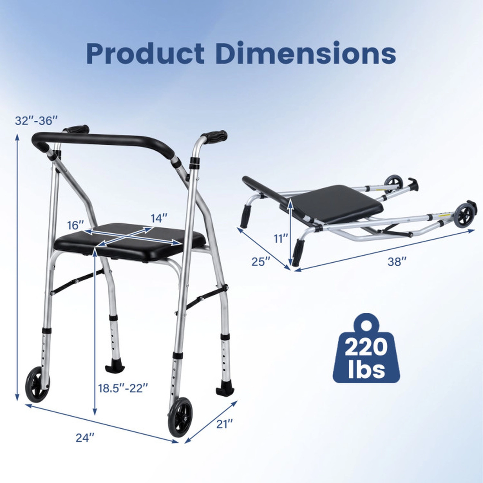 SUGIFT Lightweight Folding Walker Chair with Padded Seat 220-Lb Capacity 5-Level Height Adjustable Black/Silver