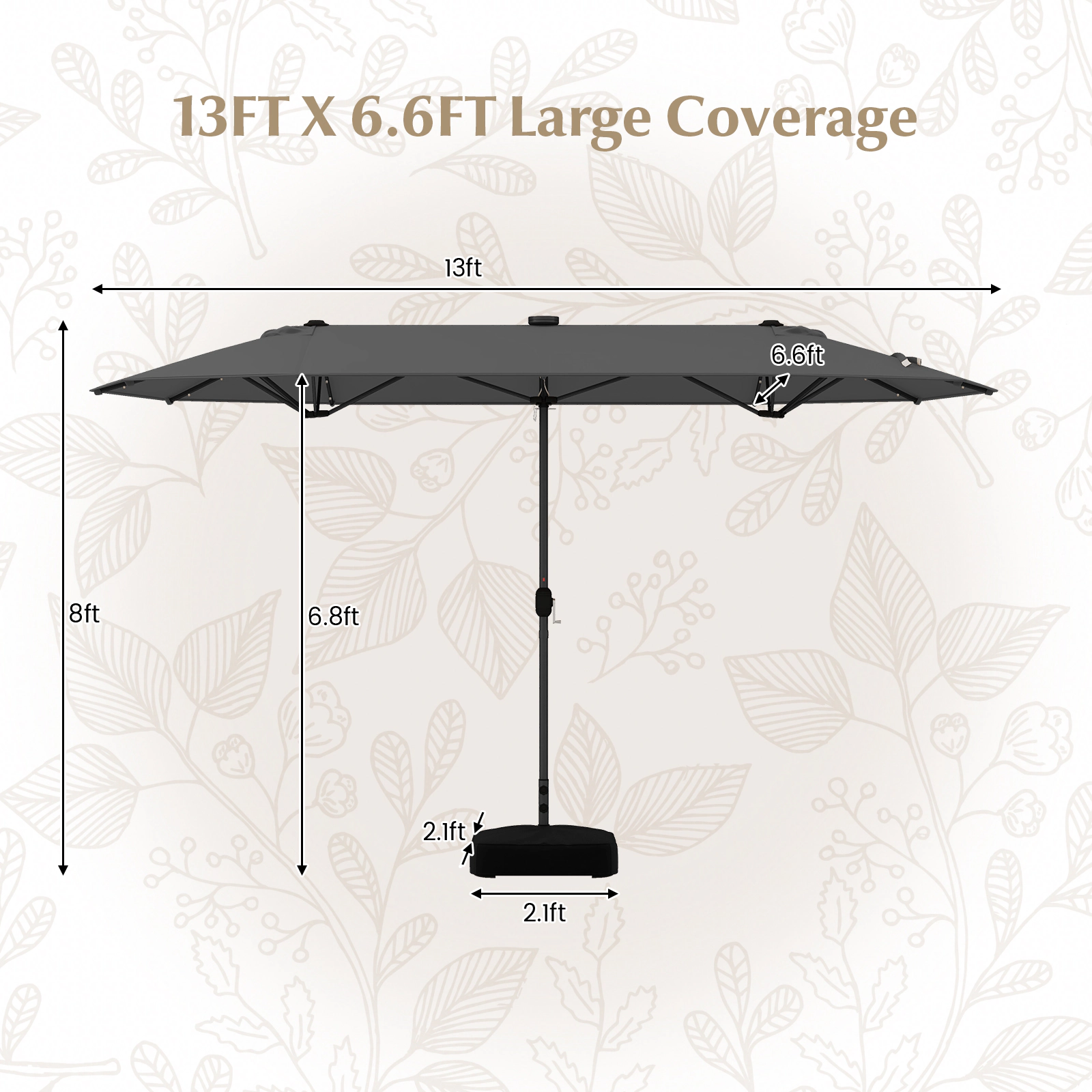SUGIFT Double-Sided Patio Umbrella with Solar Lights and Crank Lift 13-ft for Garden Pool Backyard Gray