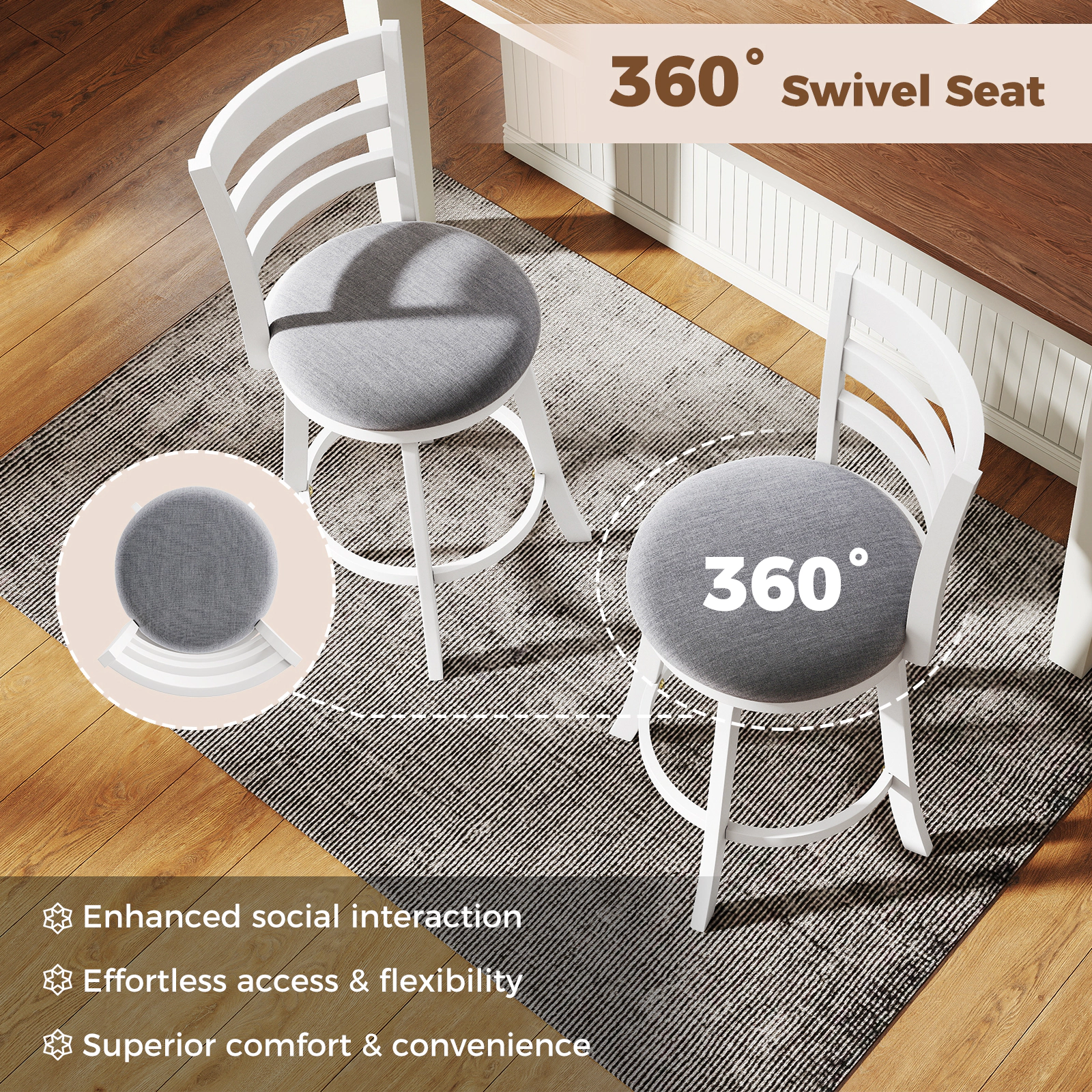 SUGIFT 25"/30.5" Swivel Barstools Set of 2 360° Rotating Bar/Counter Height Chairs 350-lb Capacity Olive White + Silver