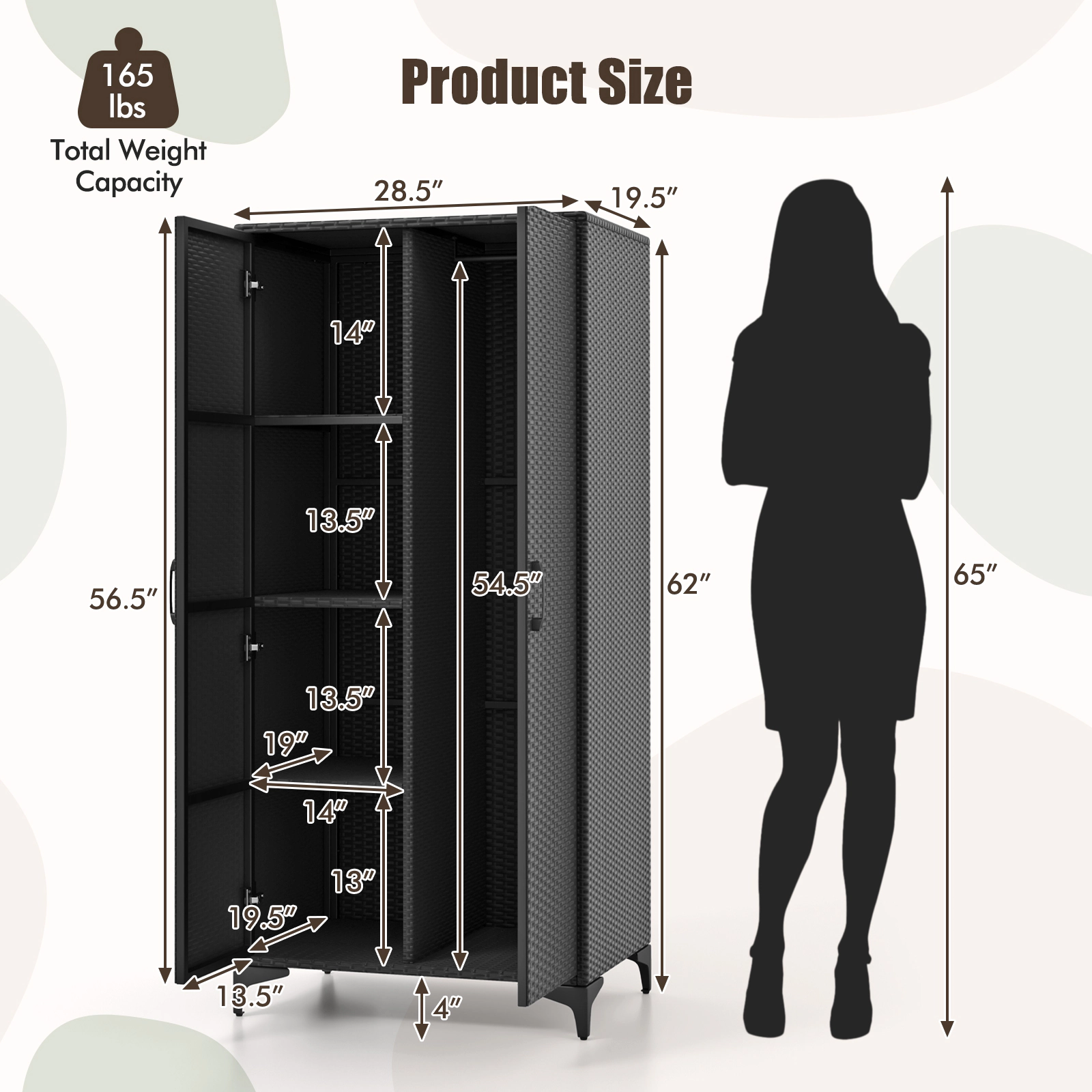 SUGIFT 62-in PE Rattan Wicker Wardrobe Armoire with 2 Doors 165-lb Total Capacity 33-lb Rod and Cubes Black/Mix Brown