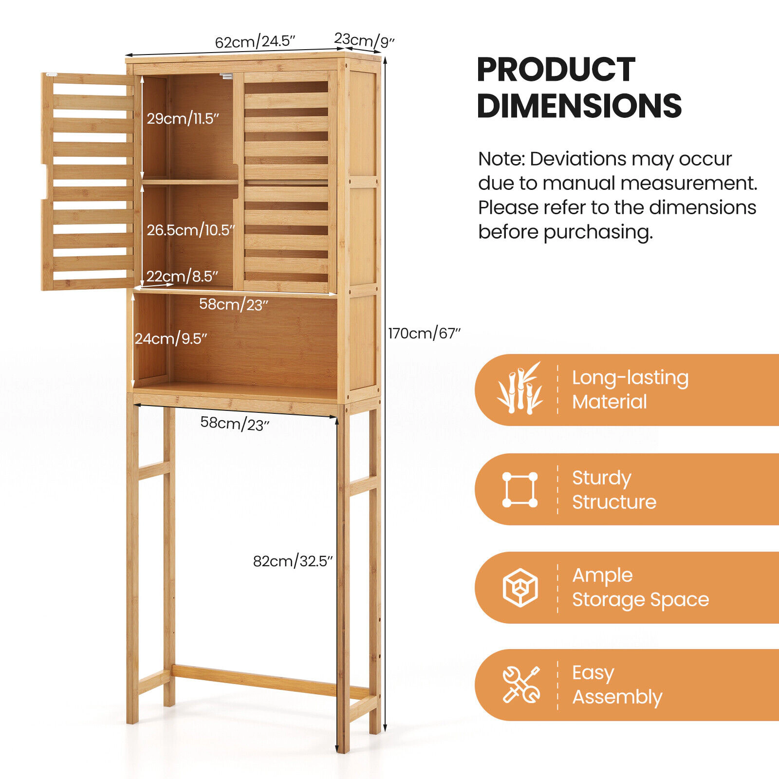 Slickblue Over The Toilet Bathroom Storage Cabinet with Adjustable Shelf and Doors
