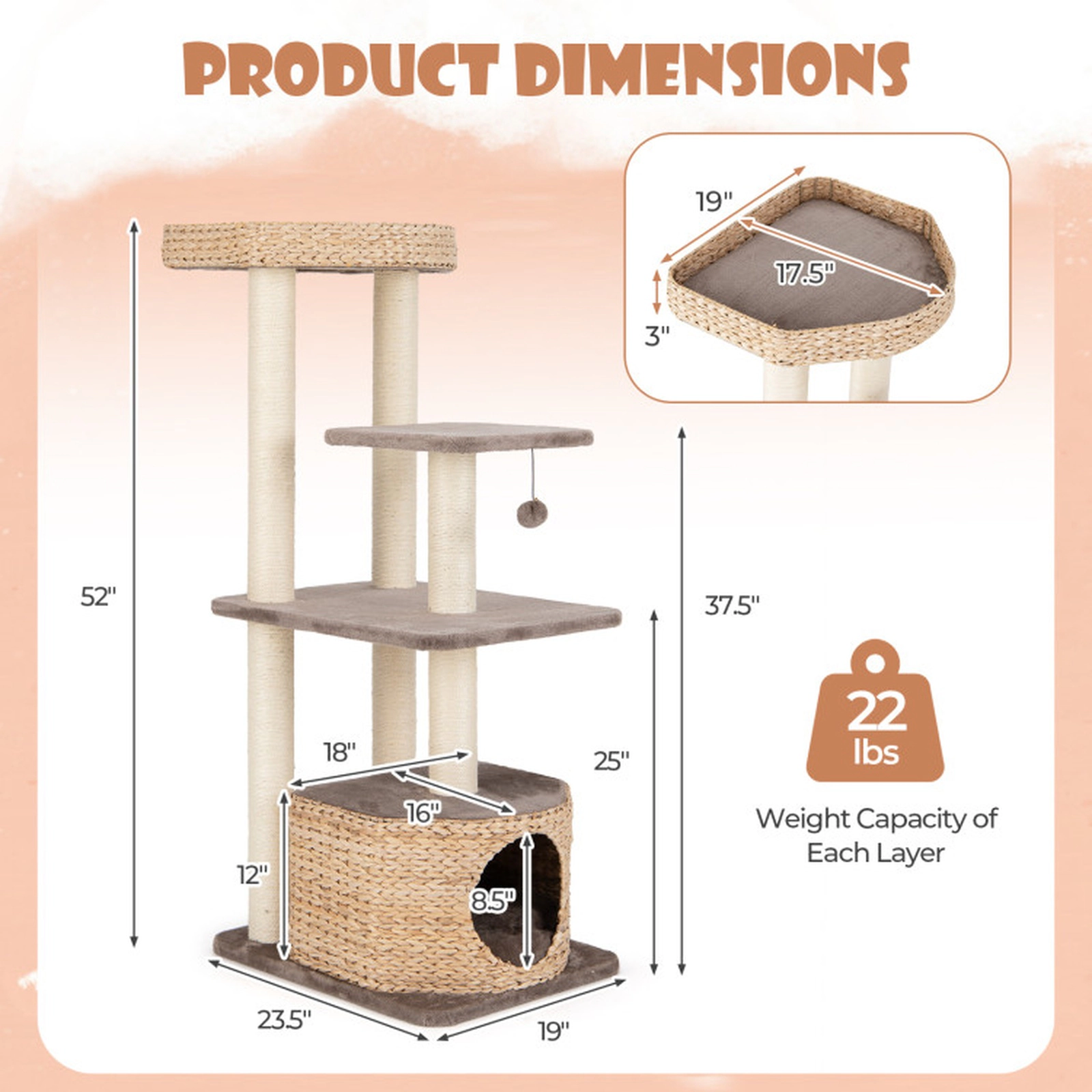 SUGIFT Coffee 4-Layer Cat Tower with Cattail Perch Condo and Washable Cushions