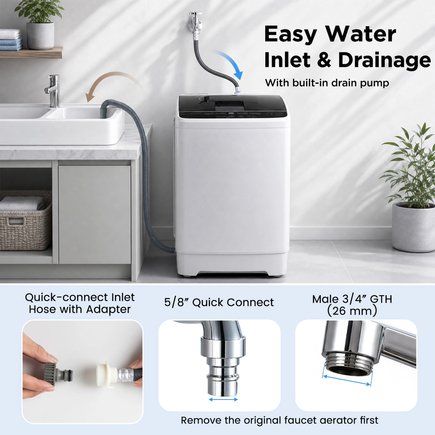 LJG Full Automatic Washing Machine with 8 Preset Programs 6 Water Levels and Built-in Drain Pump