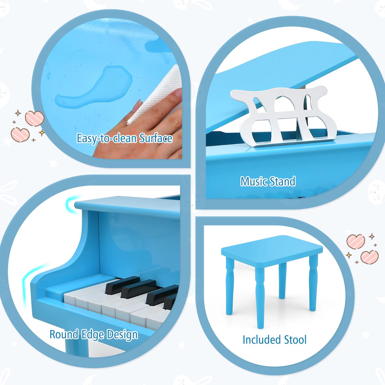 SUGIFT Blue 30-Key Wood Kids Grand Piano with Bench Music Rack Safety Hinges and Straight Leg Structure
