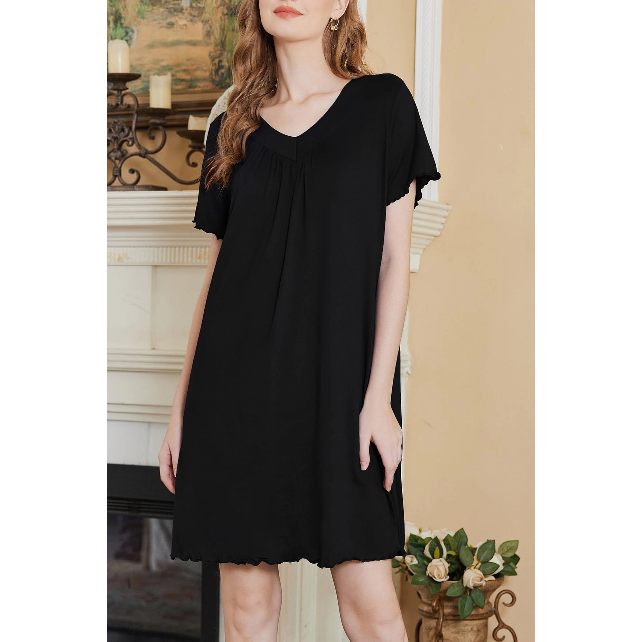 Ekouaer Nightgowns for Women Short Sleeve House Dress with Pockets Pleated Soft Moomoo V Neck