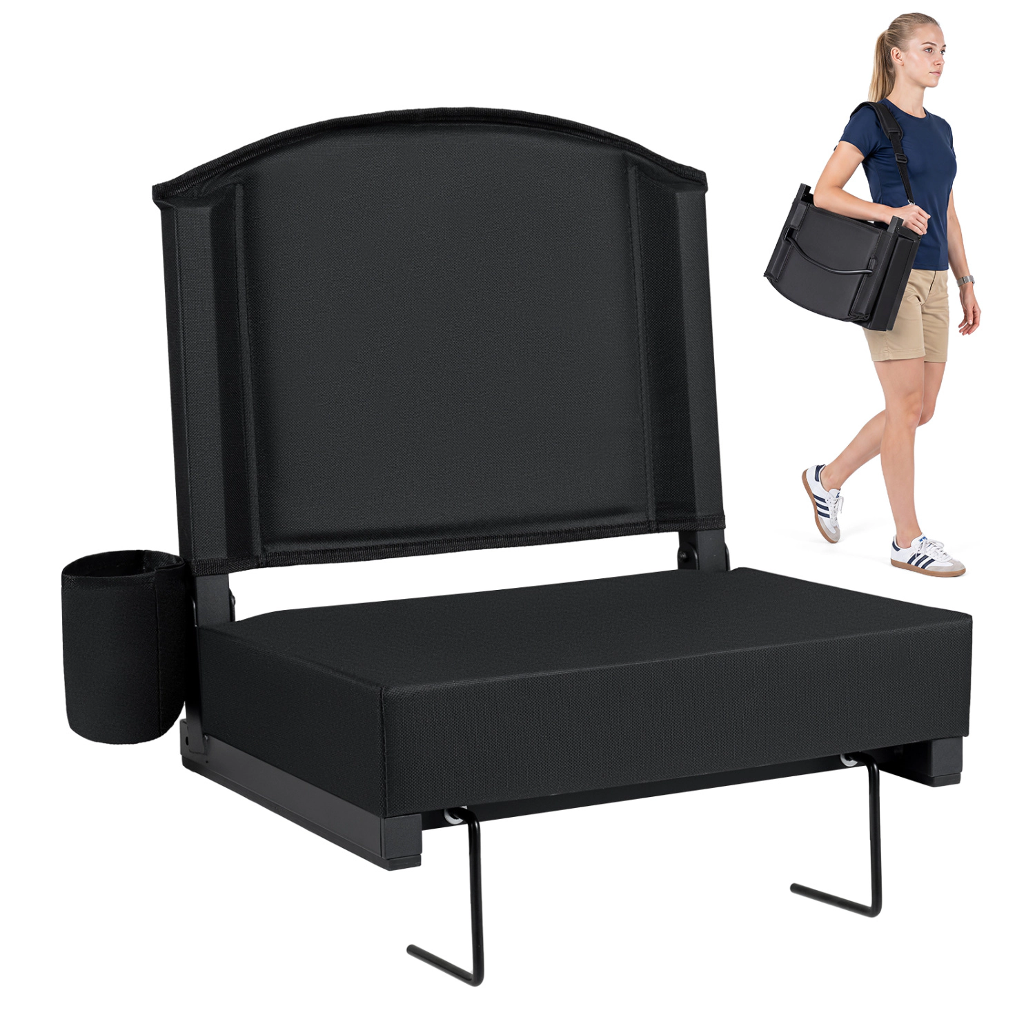 LJG Portable Folding Bleacher Chair with Thick Padded Cushion Removable Shoulder Strap