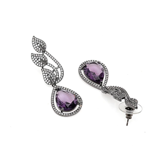 AGP PARIS Womens Contemporary Leaf-Shaped Purple Drop Earrings