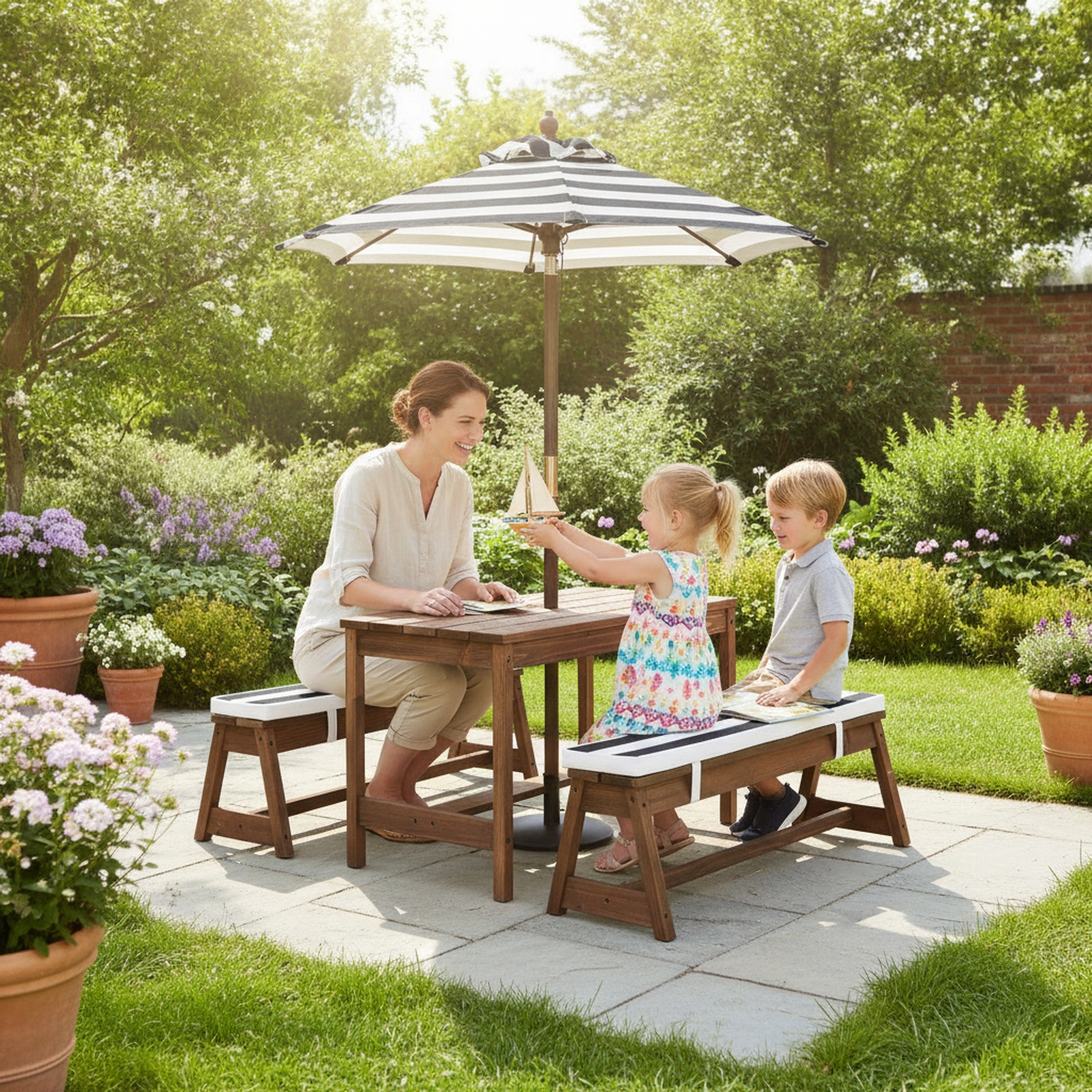 SUGIFT Kids Picnic Table Set, Fir Wood, 2 Padded Benches, Blue Adjustable Umbrella
