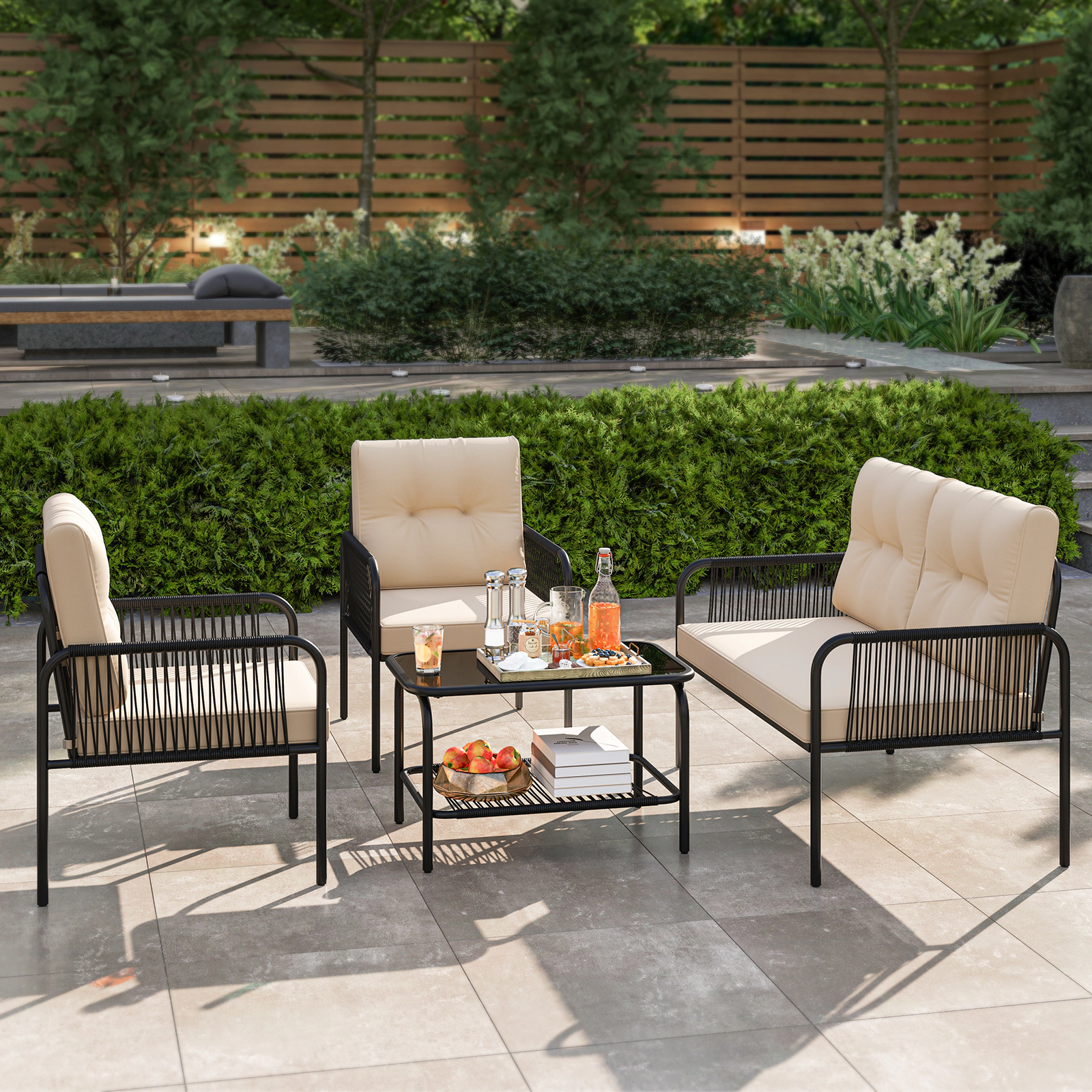 LJG 4 Pieces Patio Furniture Set PE Rattan Sofa Chairs with Loveseat