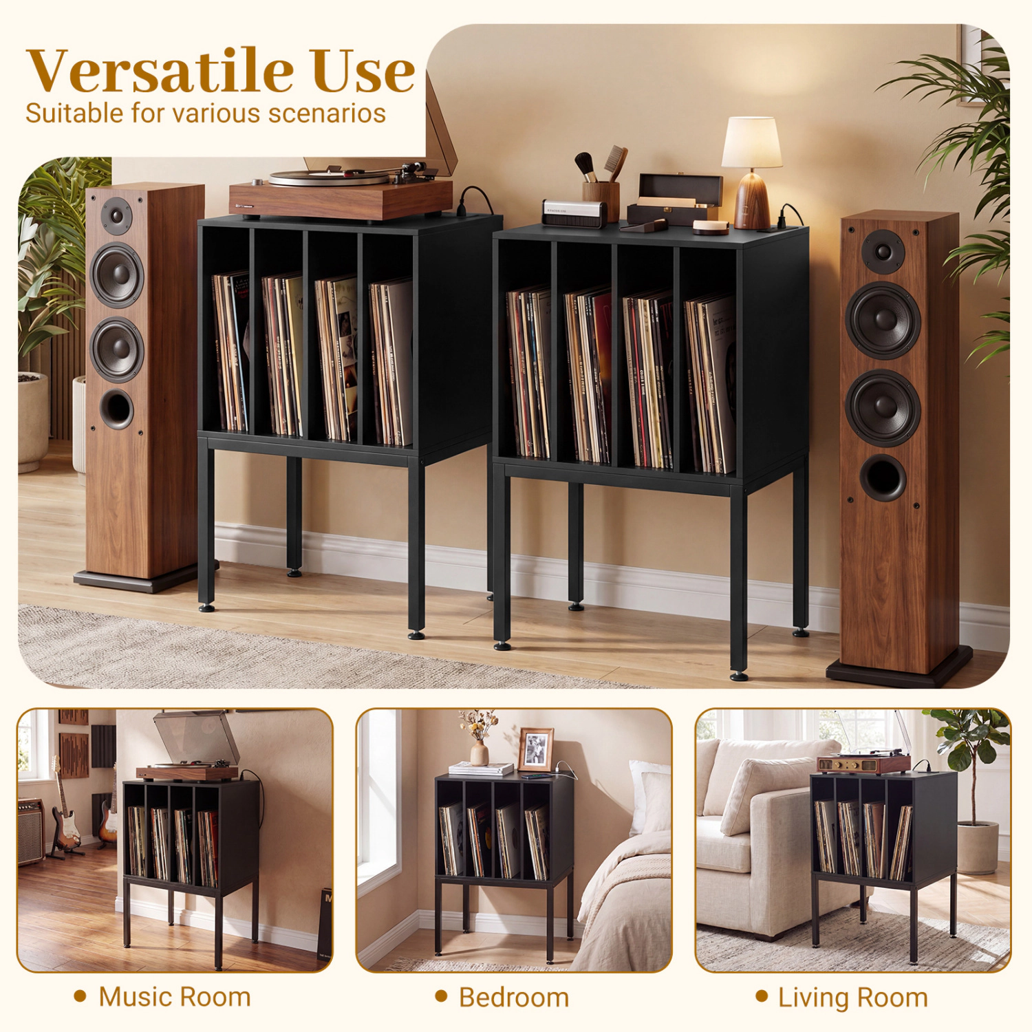 Glintex Tall Turntable Stand with Record Compartments and 13-Inch Raised Legs
