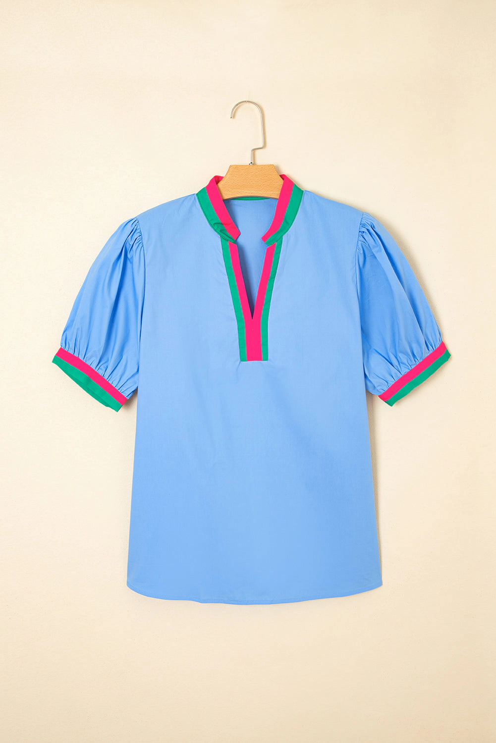 Threaded Pear Womens Sky Blue Contrast Striped V-Neck Short Puff Sleeve Cotton Blouse