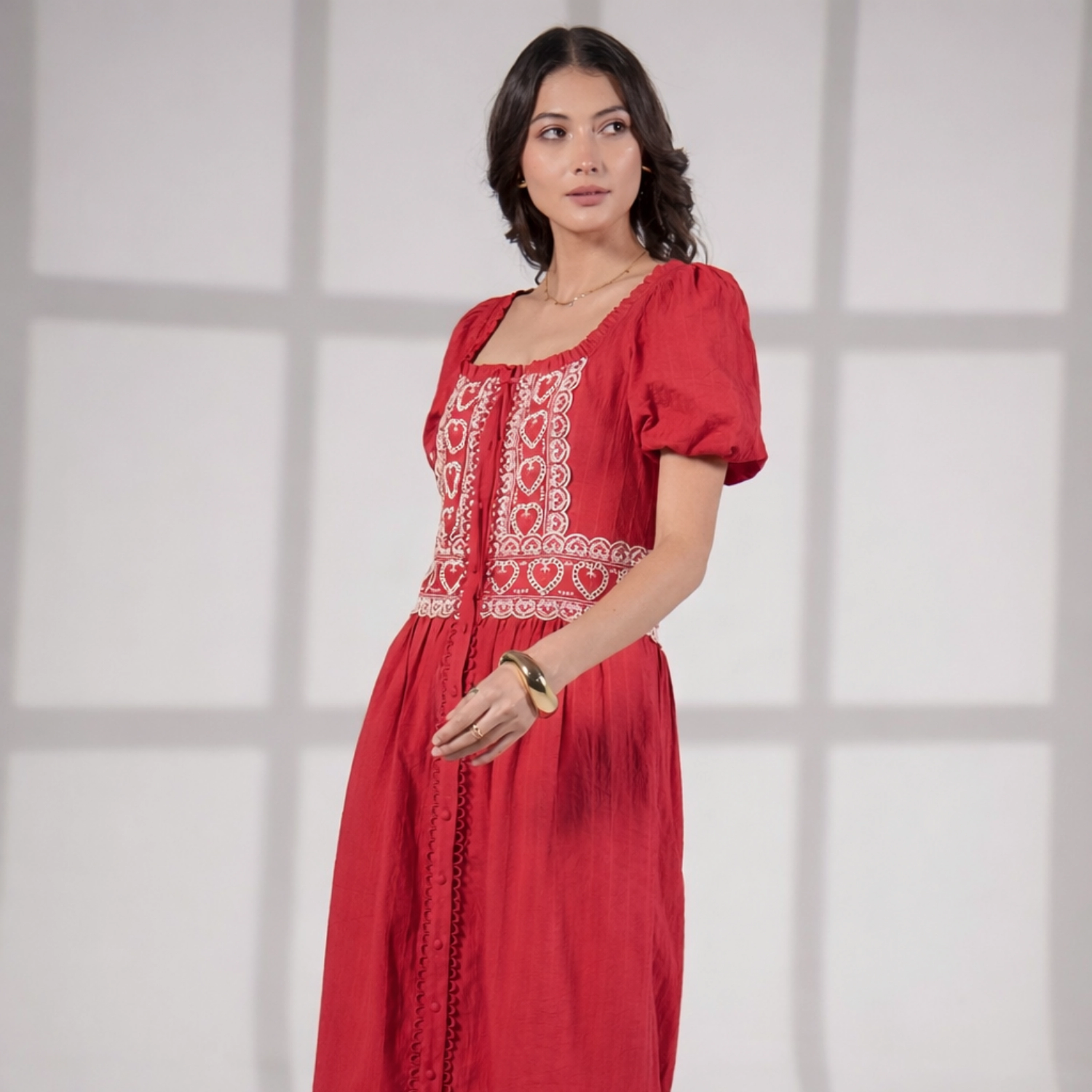 Rose & Nancy Women's Harri Red And White Cotton Heart Embroidery Short Sleeve Maxi Dress
