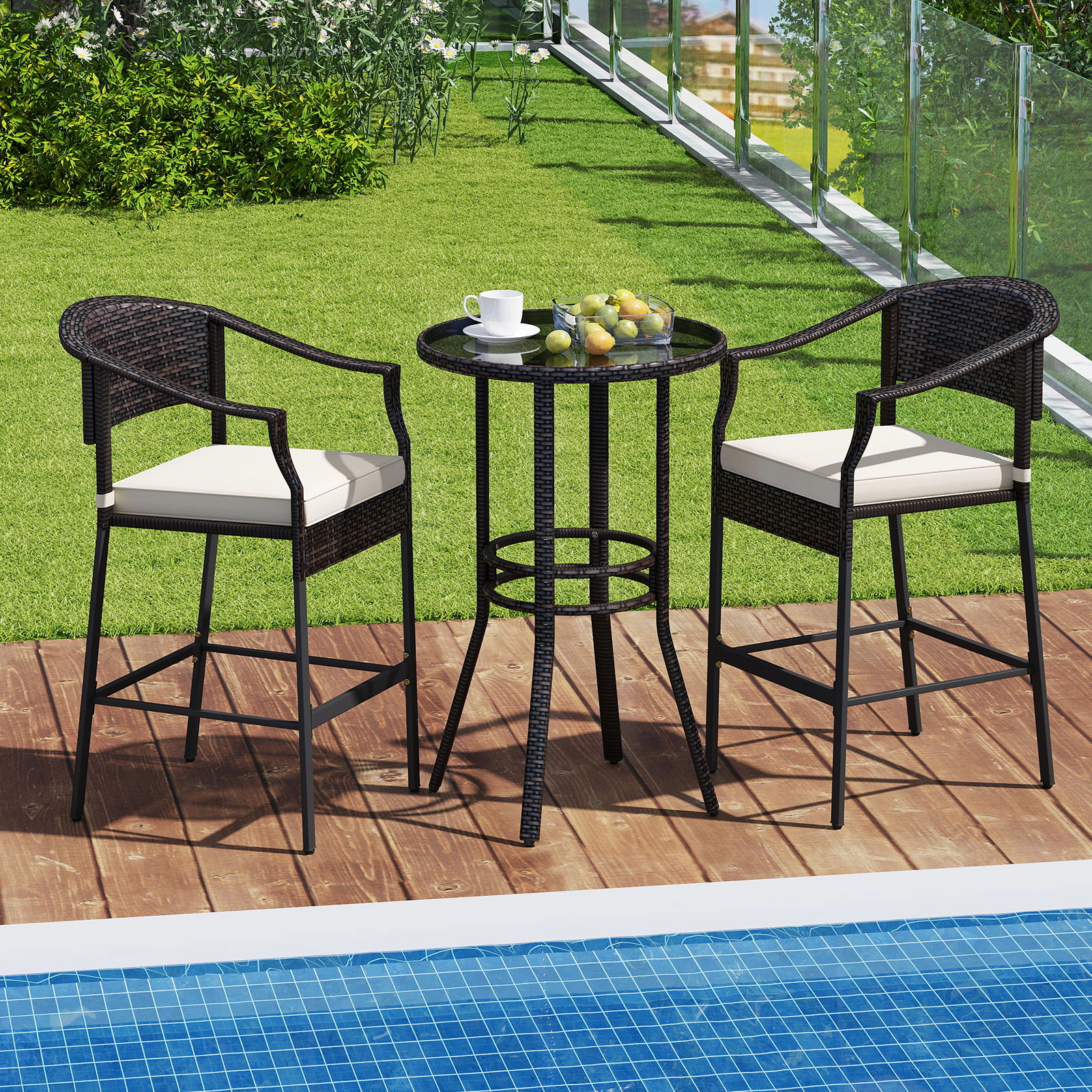 LJG 3-Piece Patio Rattan Bar Set with Tempered Glass Top for Backyard Poolside