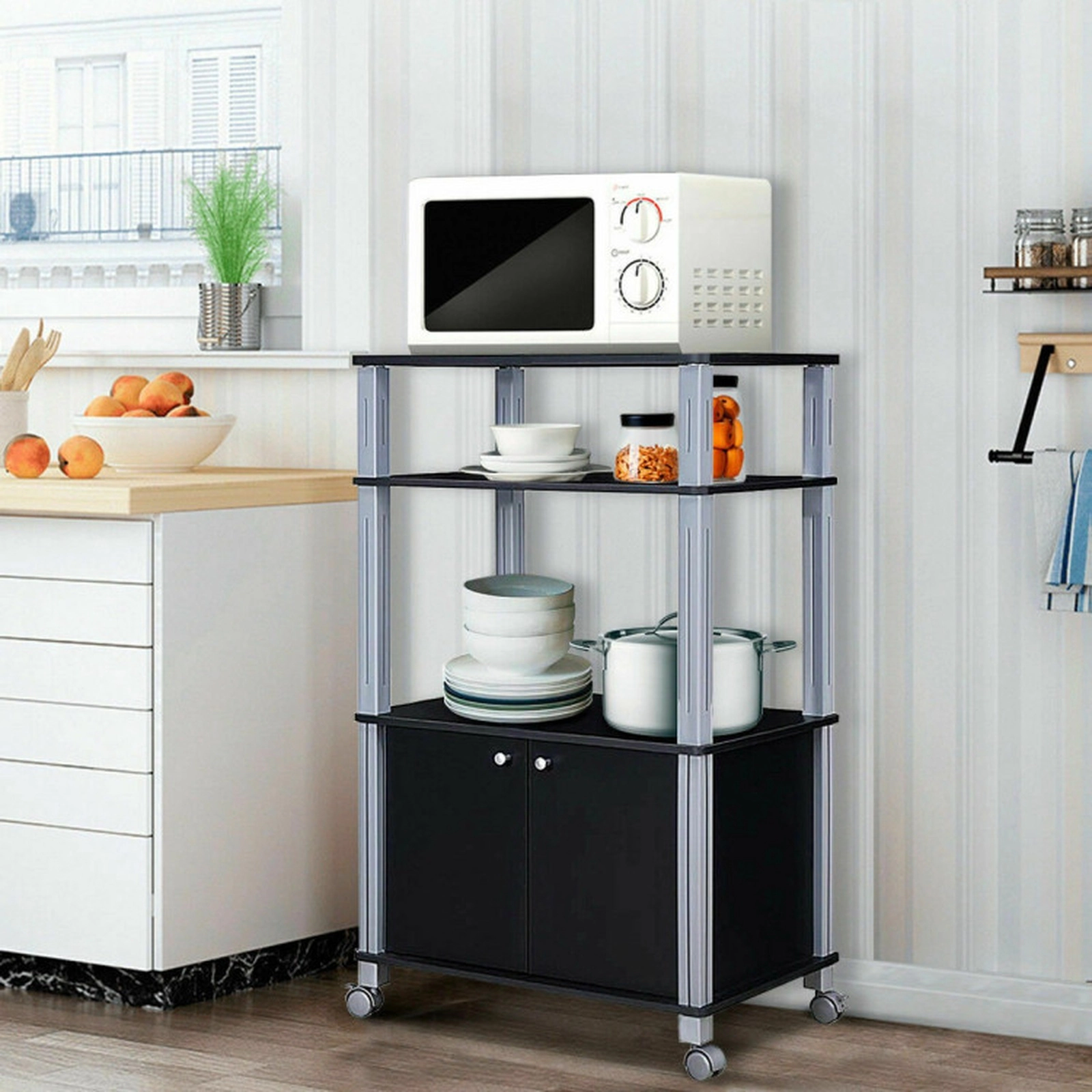 SUGIFT Black Rolling Microwave Cart with 2-Door Cabinet 3 Open Shelves and Locking Casters for Kitchen