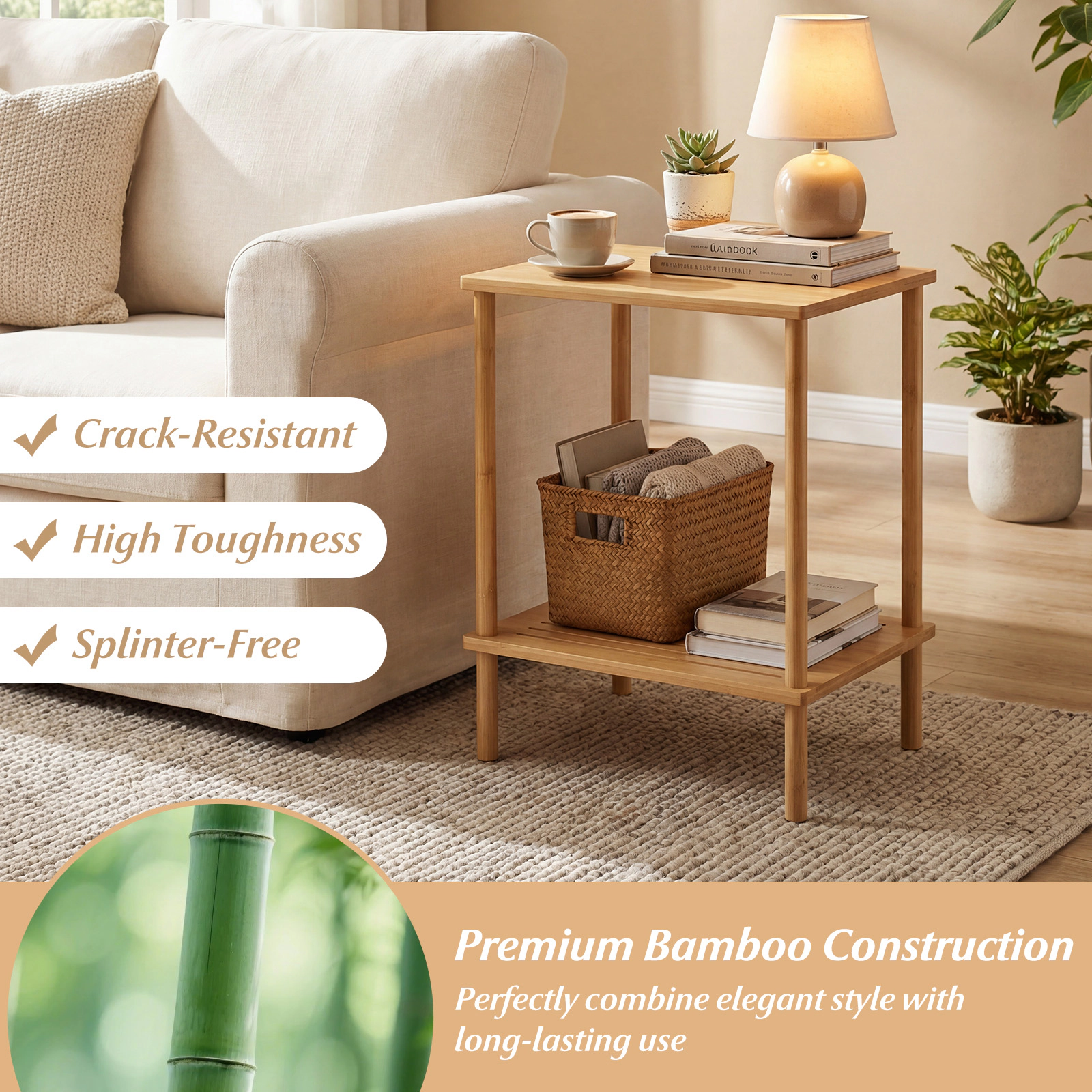 SUGIFT 2-Tier Bamboo Side Table with Storage Shelves 66-lb Capacity Rectangular Tea Sofa End Table Natural