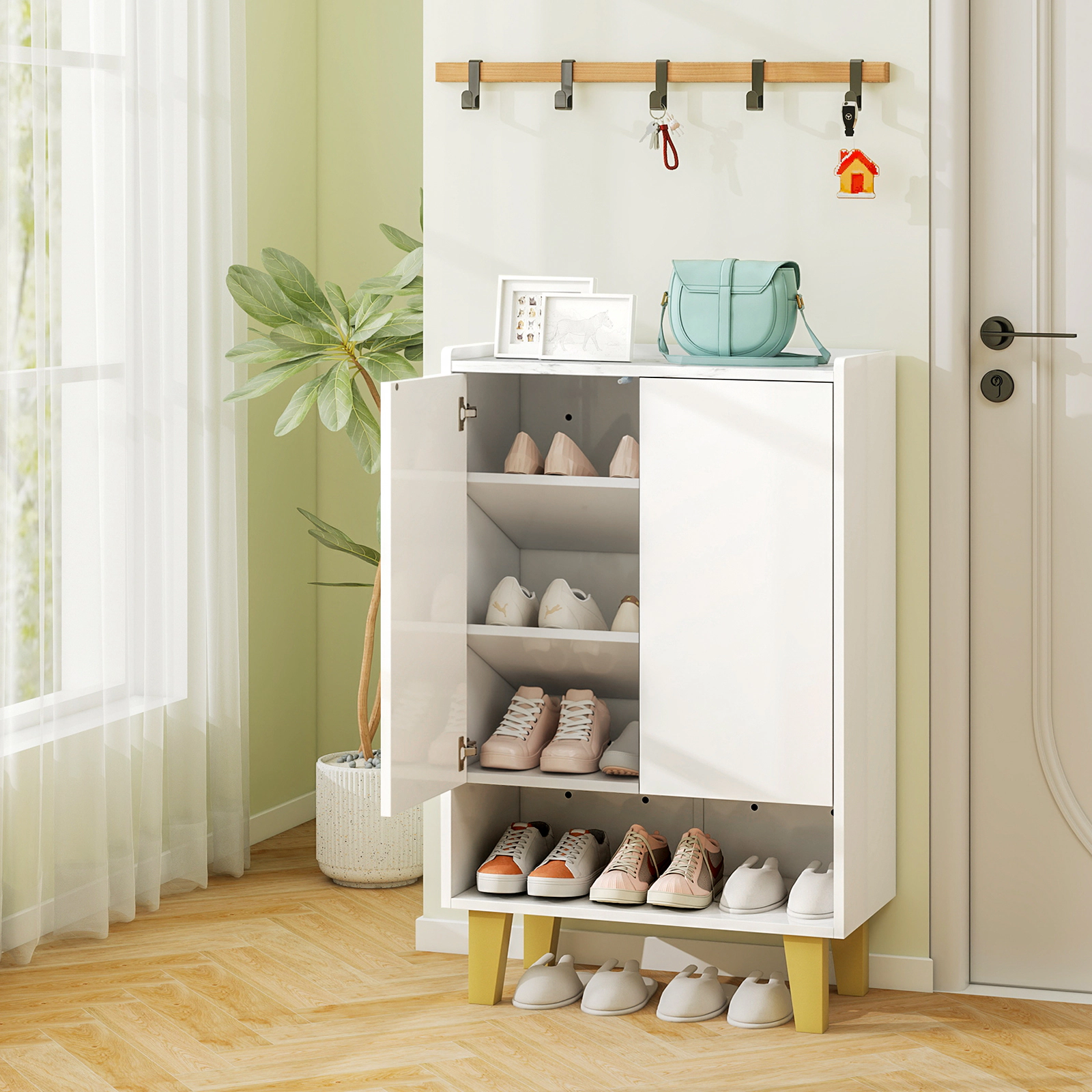 SUGIFT 5-Tier Shoe Cabinet Faux Marble Countertop Tilting Shelves 22-lb Top Capacity 22.5 x 11-in Shelf White & Gold