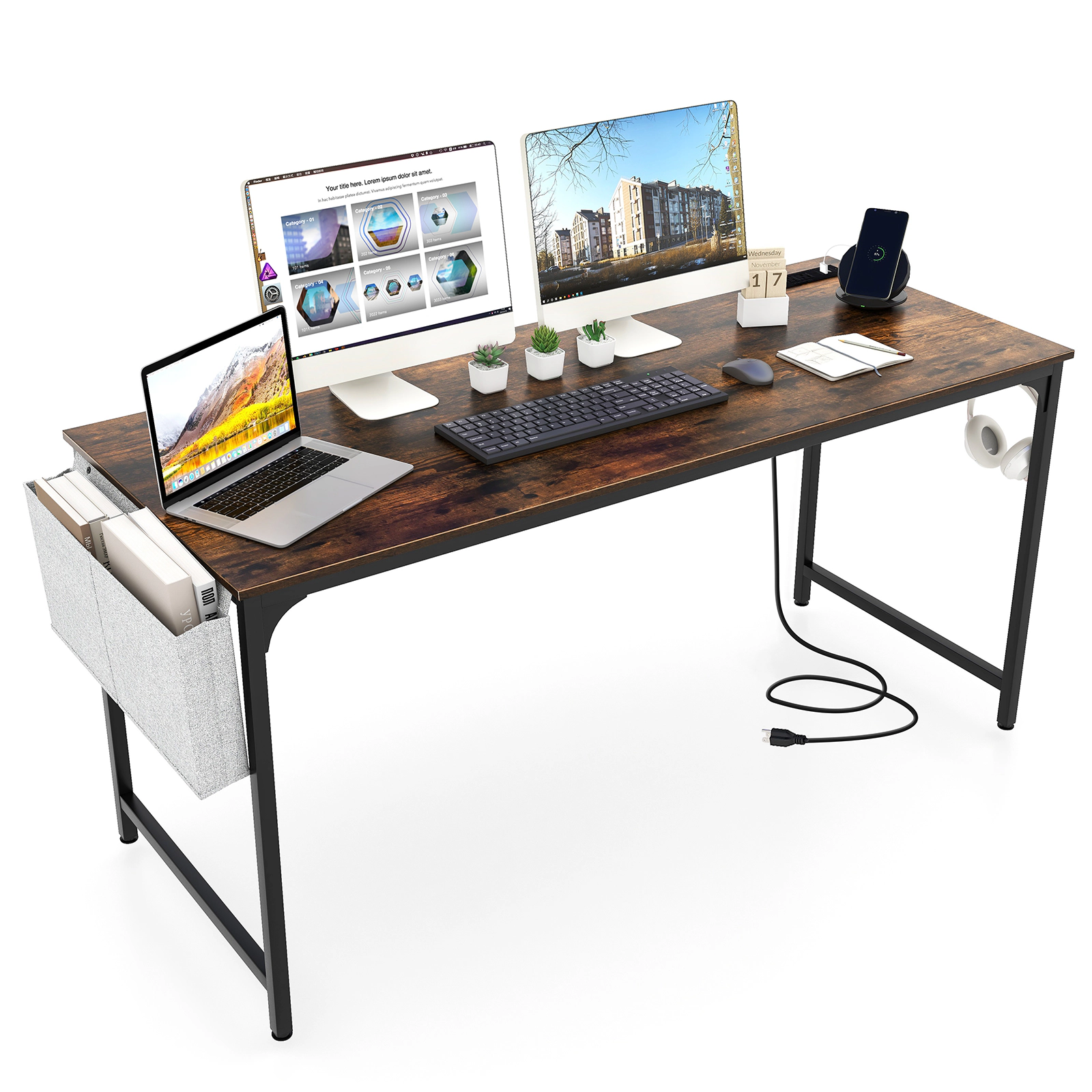SUGIFT 64-Inch Rustic Brown Industrial Computer Desk with Power Outlet, USB Port, Storage Bag and Hook