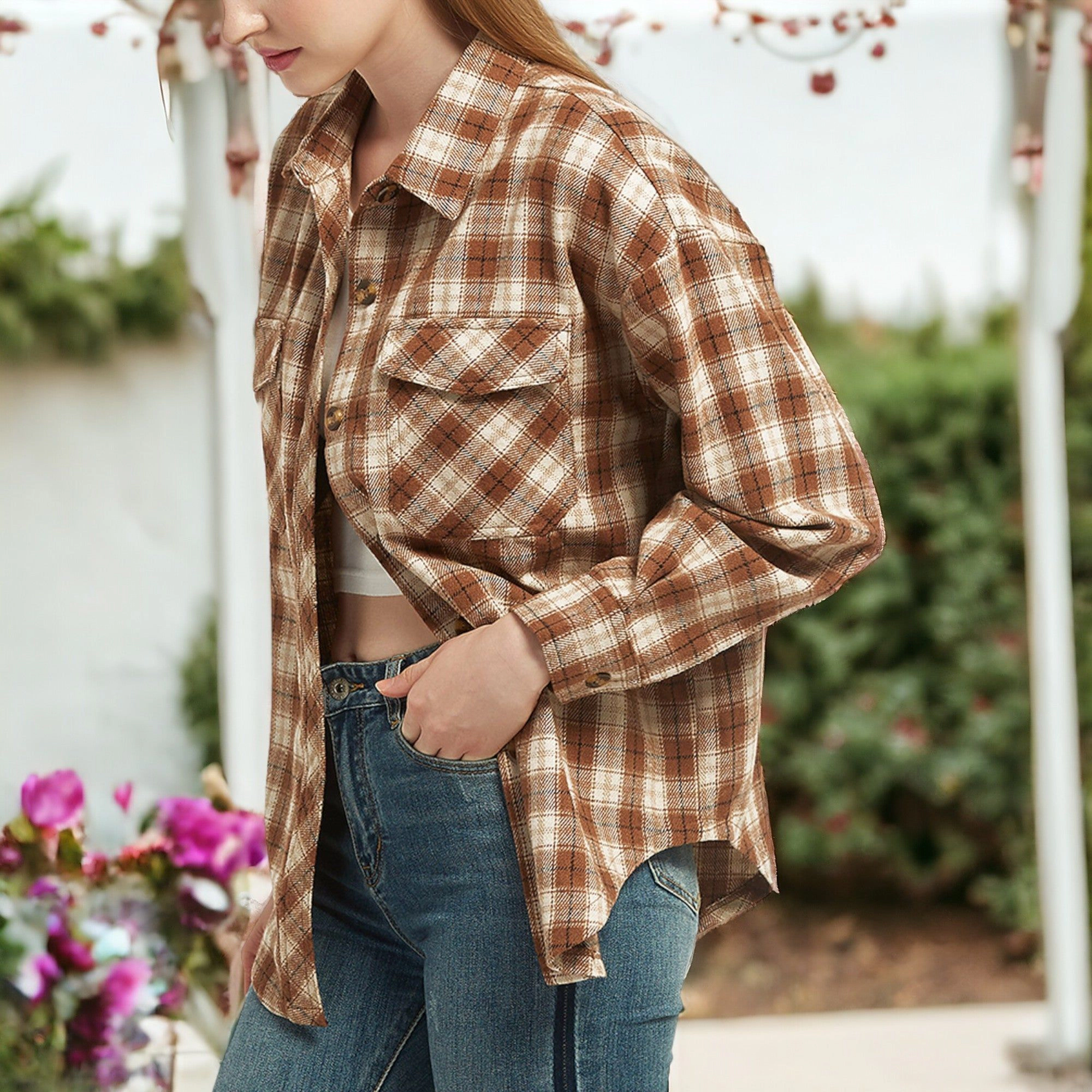 Anna-Kaci Women's Plaid Shacket Jacket Button Down Fall Shirts Coat