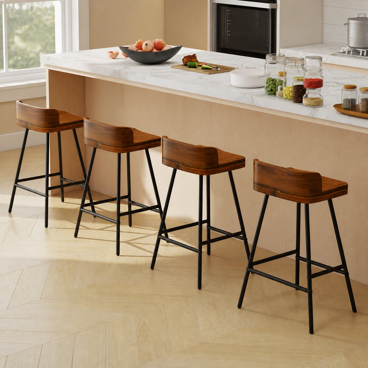 SUGIFT Set of 4 24-Inch Walnut Bar Stools, Low Back, Black Metal Legs